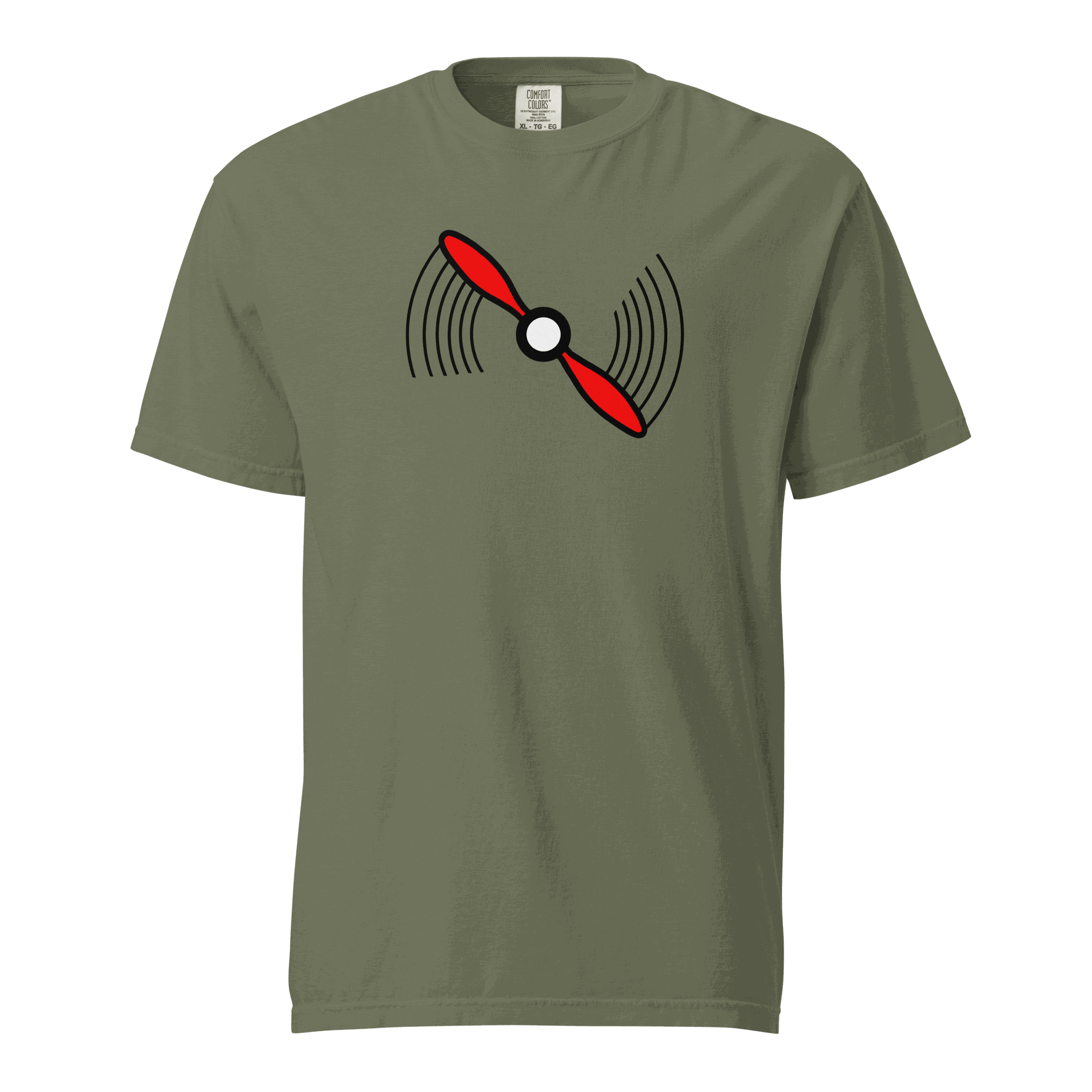 Olive green Propeller T-Shirt with red and black aviation propeller graphic on front, made of soft cotton.