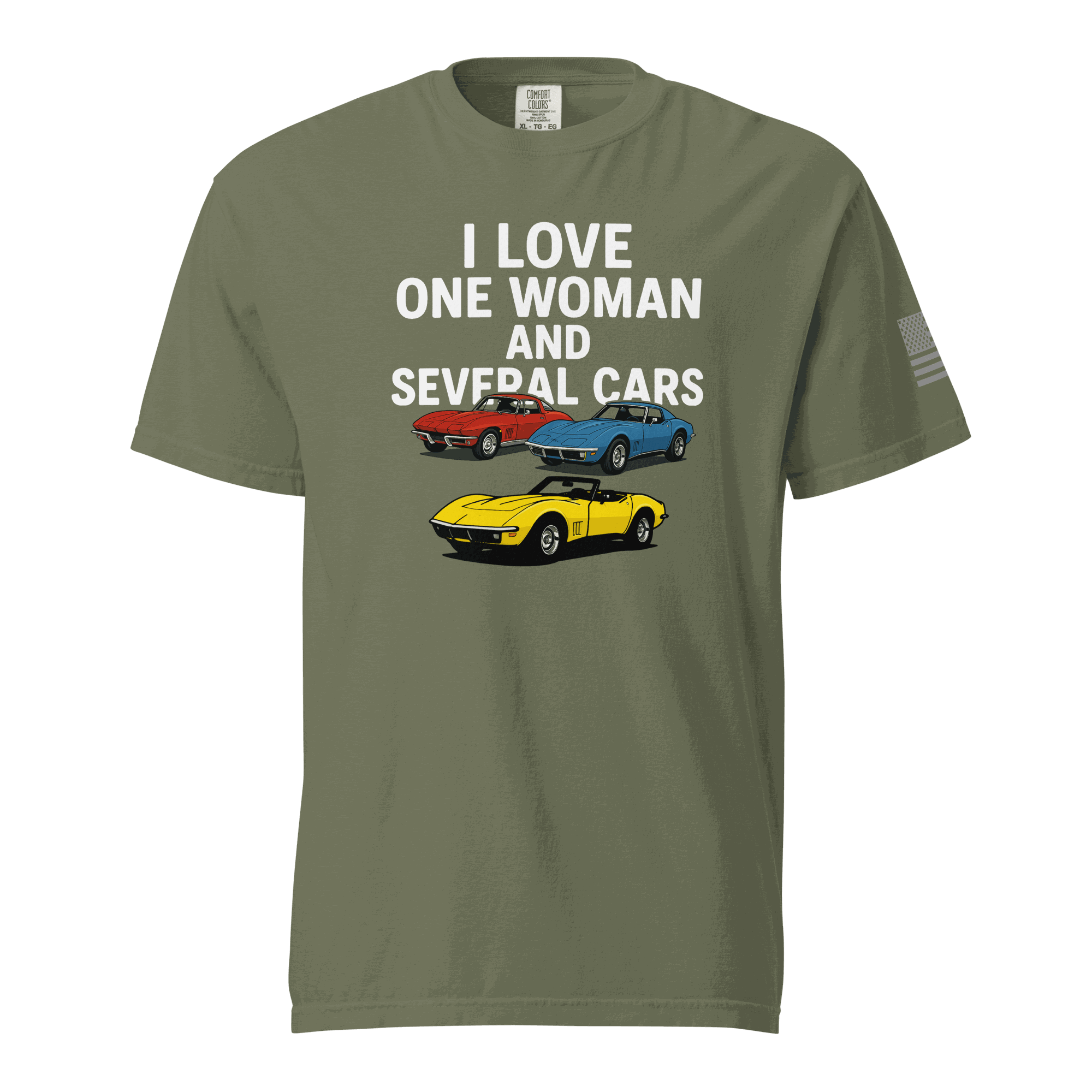 Funny t-shirt with "Love One Woman Several Cars" white print on black cotton fabric