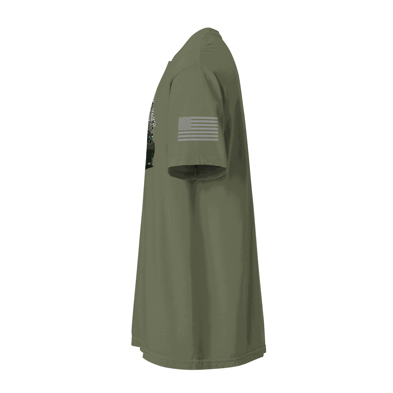 Nashville classic car t-shirt side view showcasing its classic design and fabric details on an olive green background.