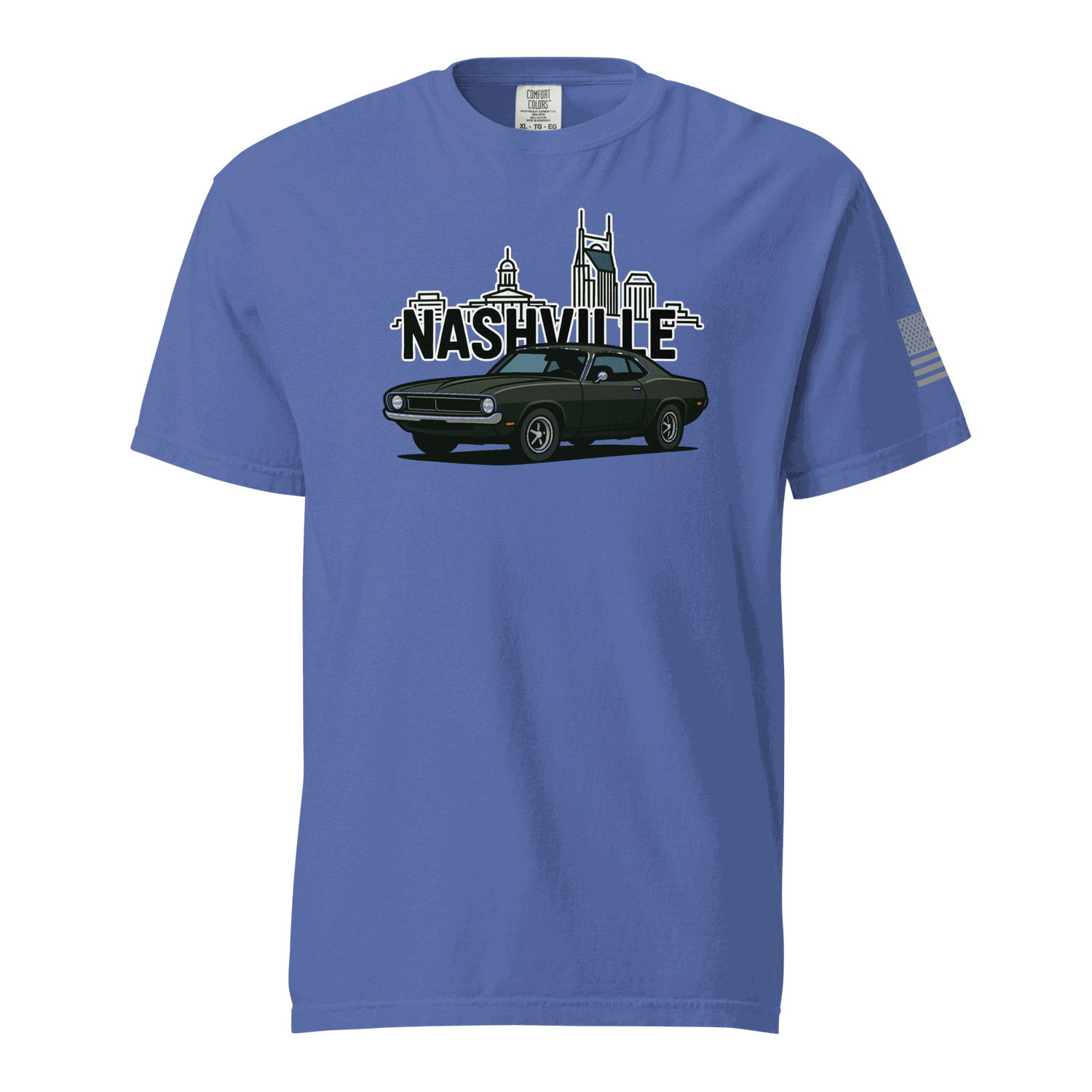 Nashville classic car t-shirt featuring a vintage car graphic and city skyline design on a blue background.