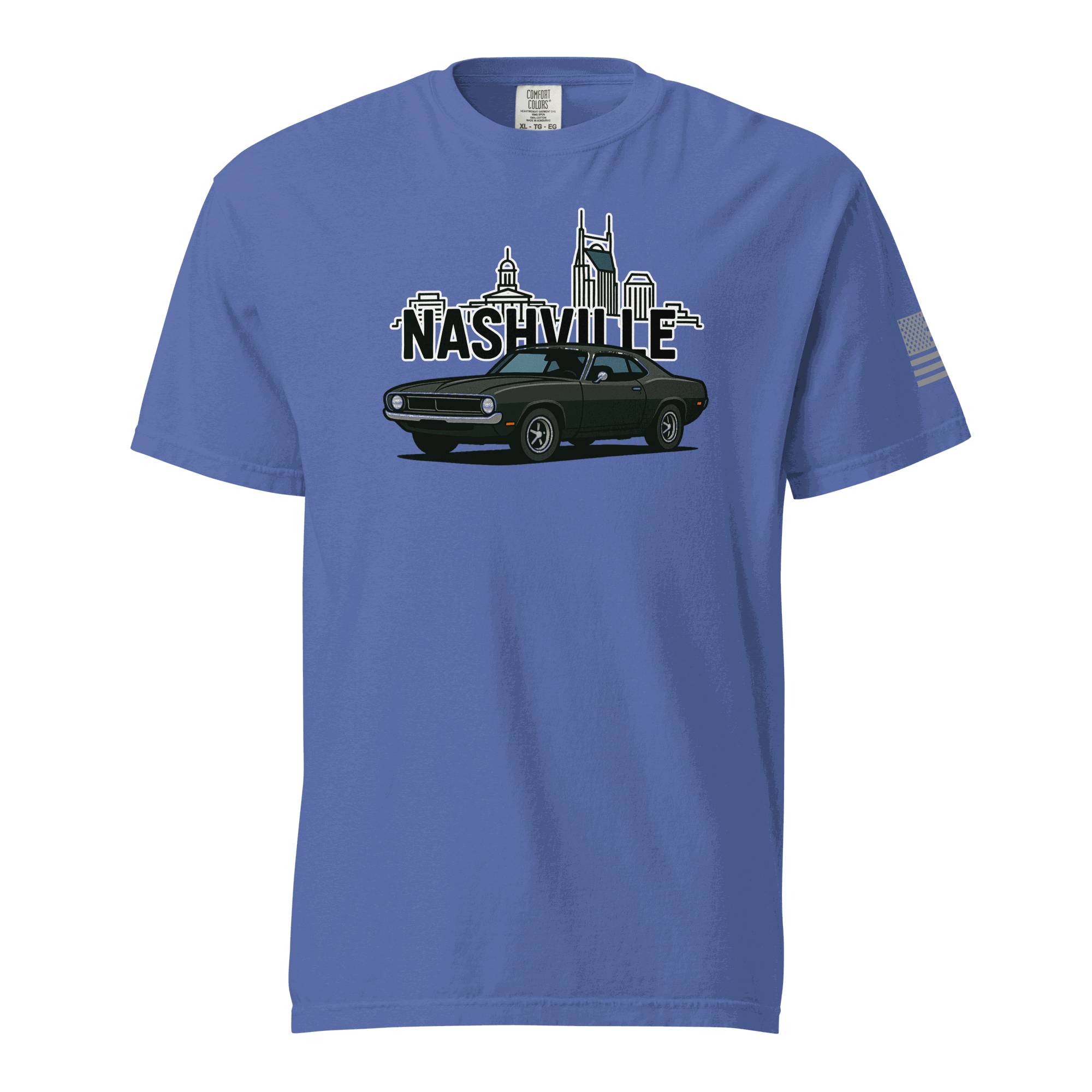 Nashville classic car t-shirt featuring a vintage car graphic and city skyline design on a blue background.