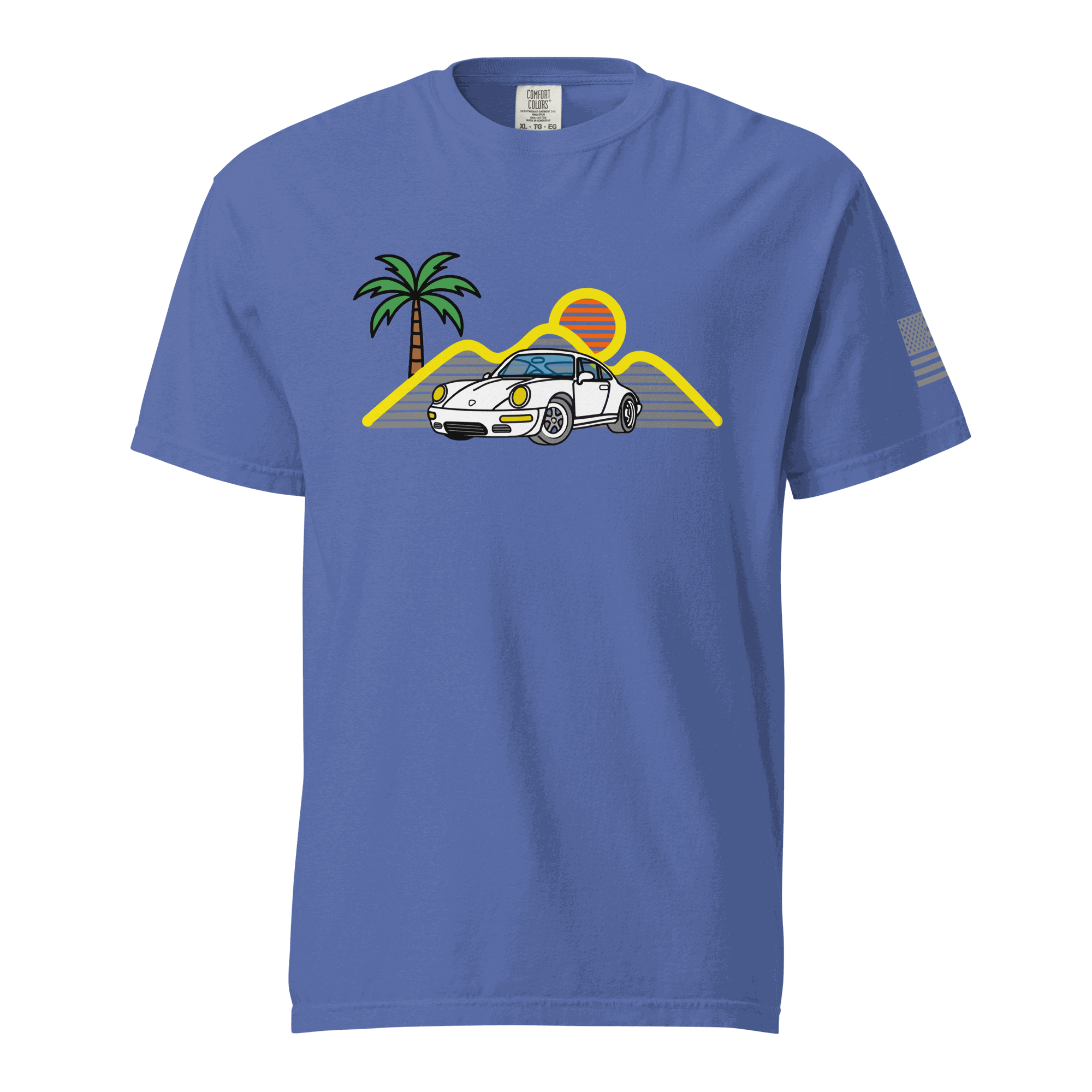Sport car t-shirt with retro sunset and sports car silhouette on soft cotton fabric