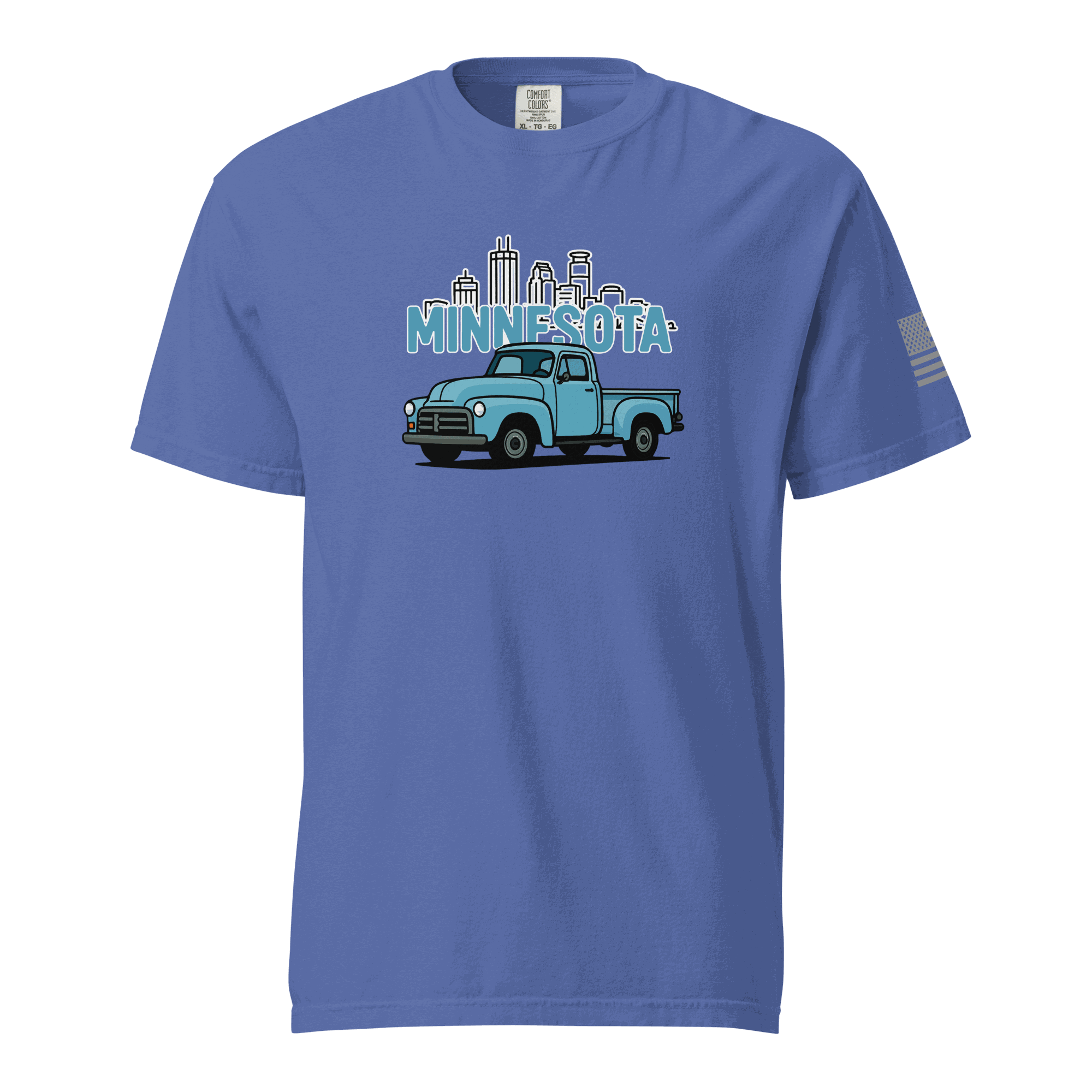 Blue Minnesota classic truck t-shirt with vintage truck and city skyline design