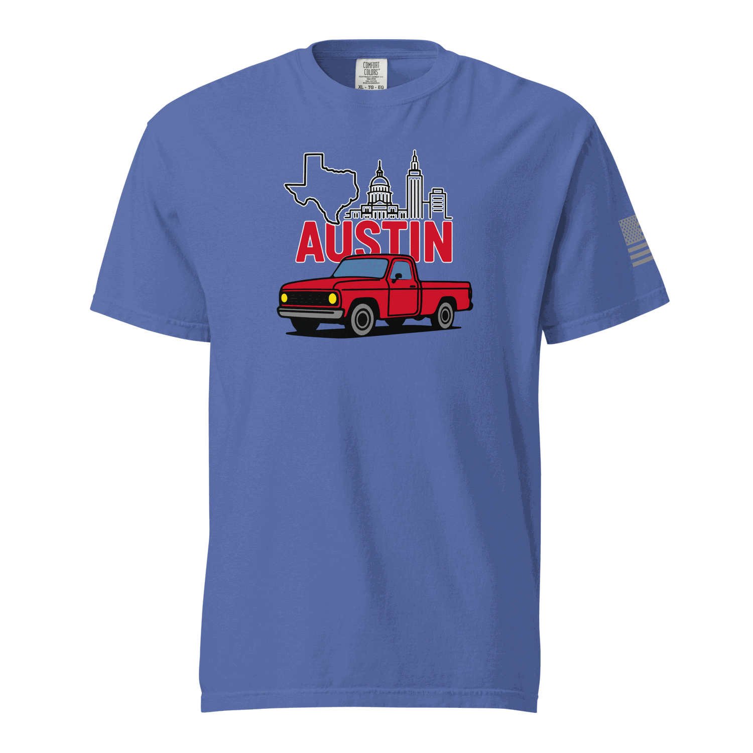 Blue Austin Texas T shirt with retro truck and skyline graphic