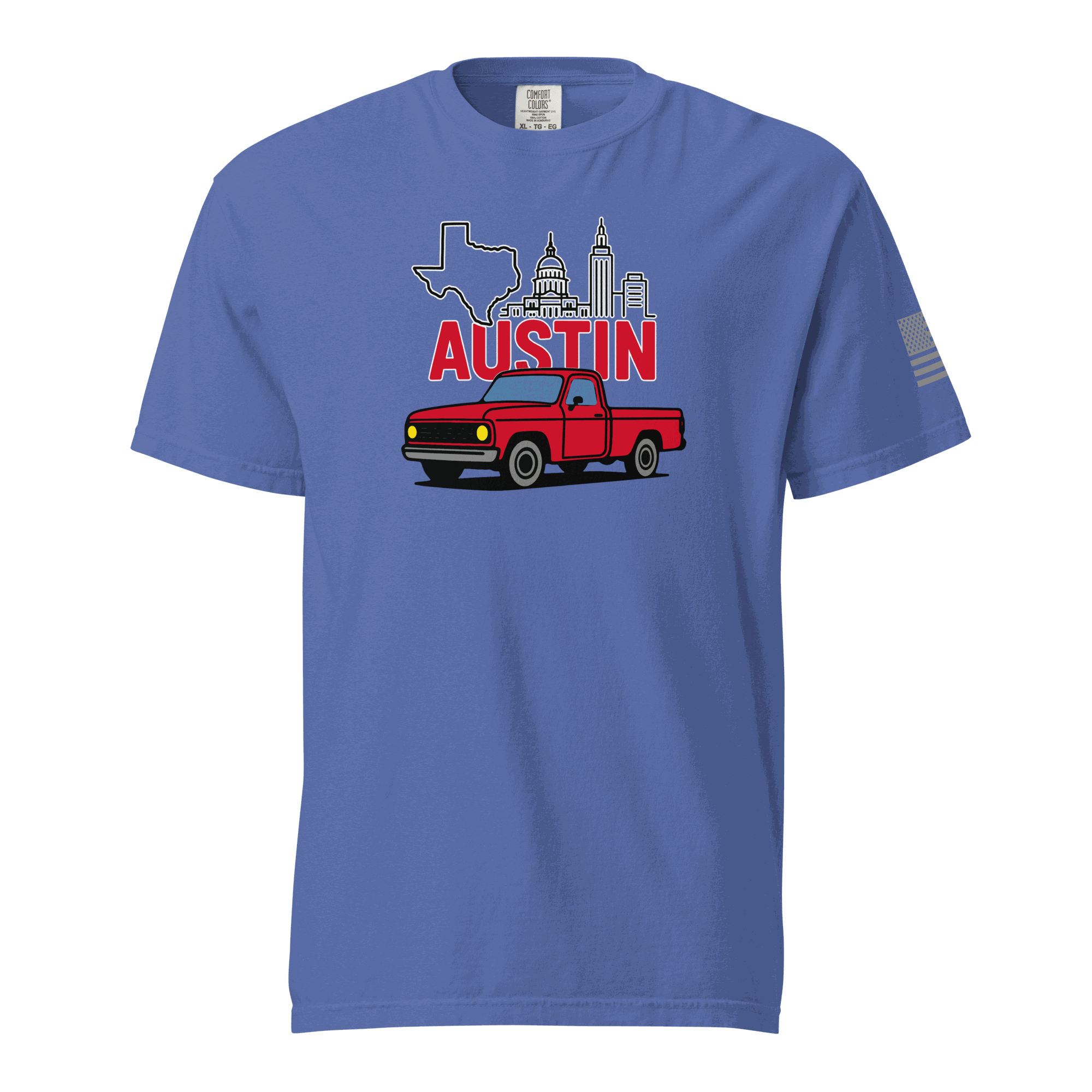 Keep Austin Weird T-Shirt featuring Austin skyline and vintage Texas truck in blue.