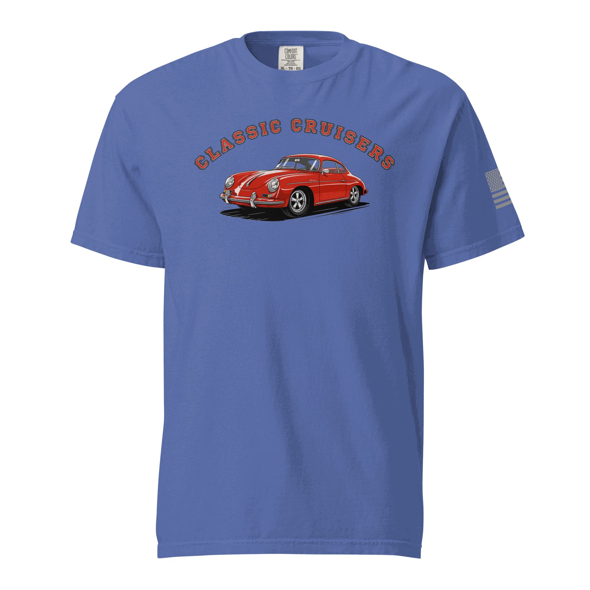 Varsity Sports Car blue heavyweight cotton t-shirt with classic red sports car graphic and "Classic Cruisers" text