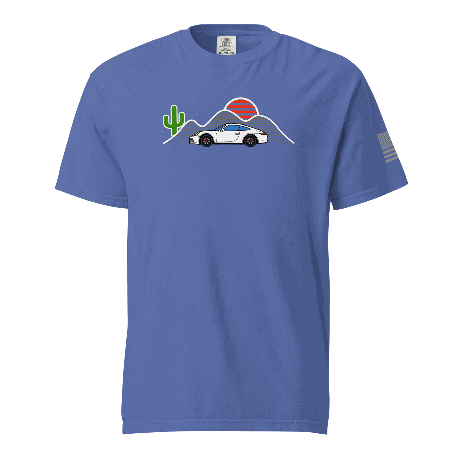 Blue Sunset Sports Car T-Shirt with white sports car, mountains, cactus, and red sun graphic