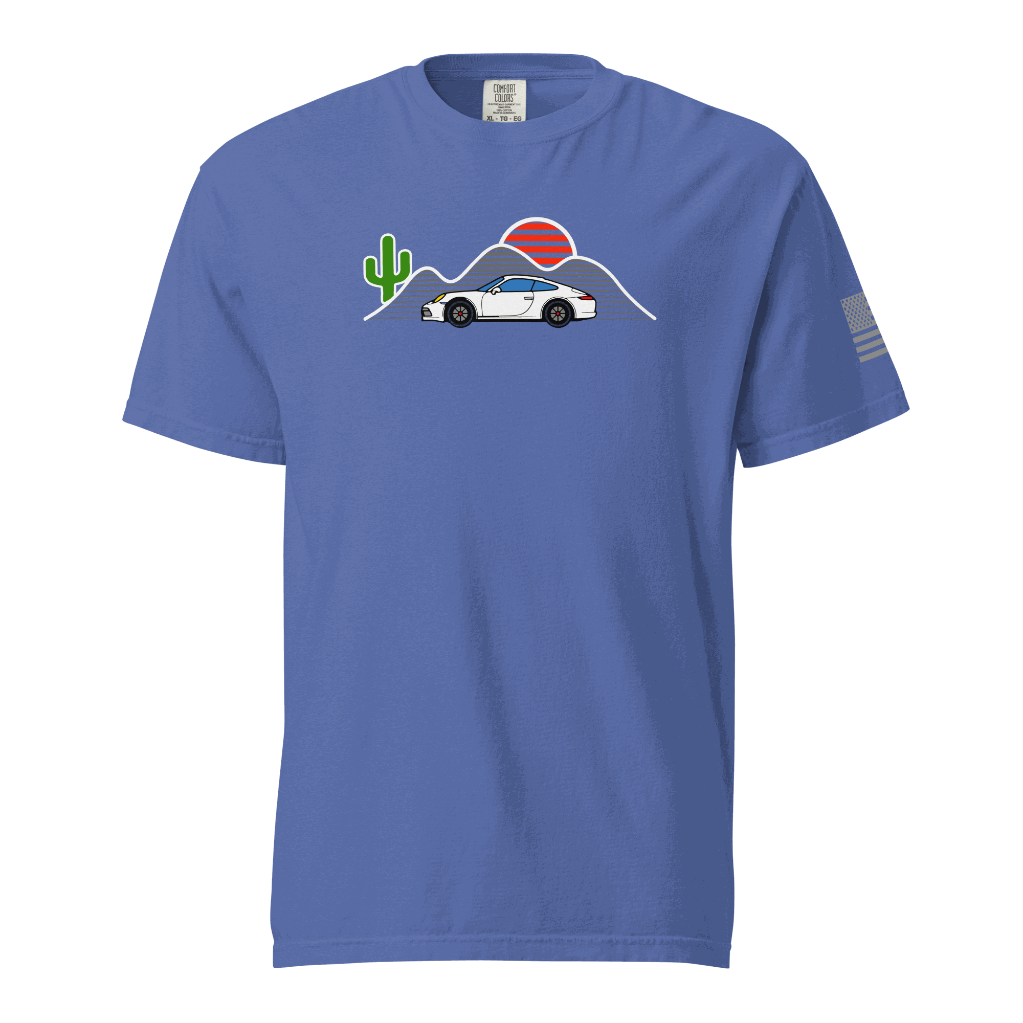 Blue Sunset Sports Car T-Shirt with white sports car, mountains, cactus, and red sun graphic