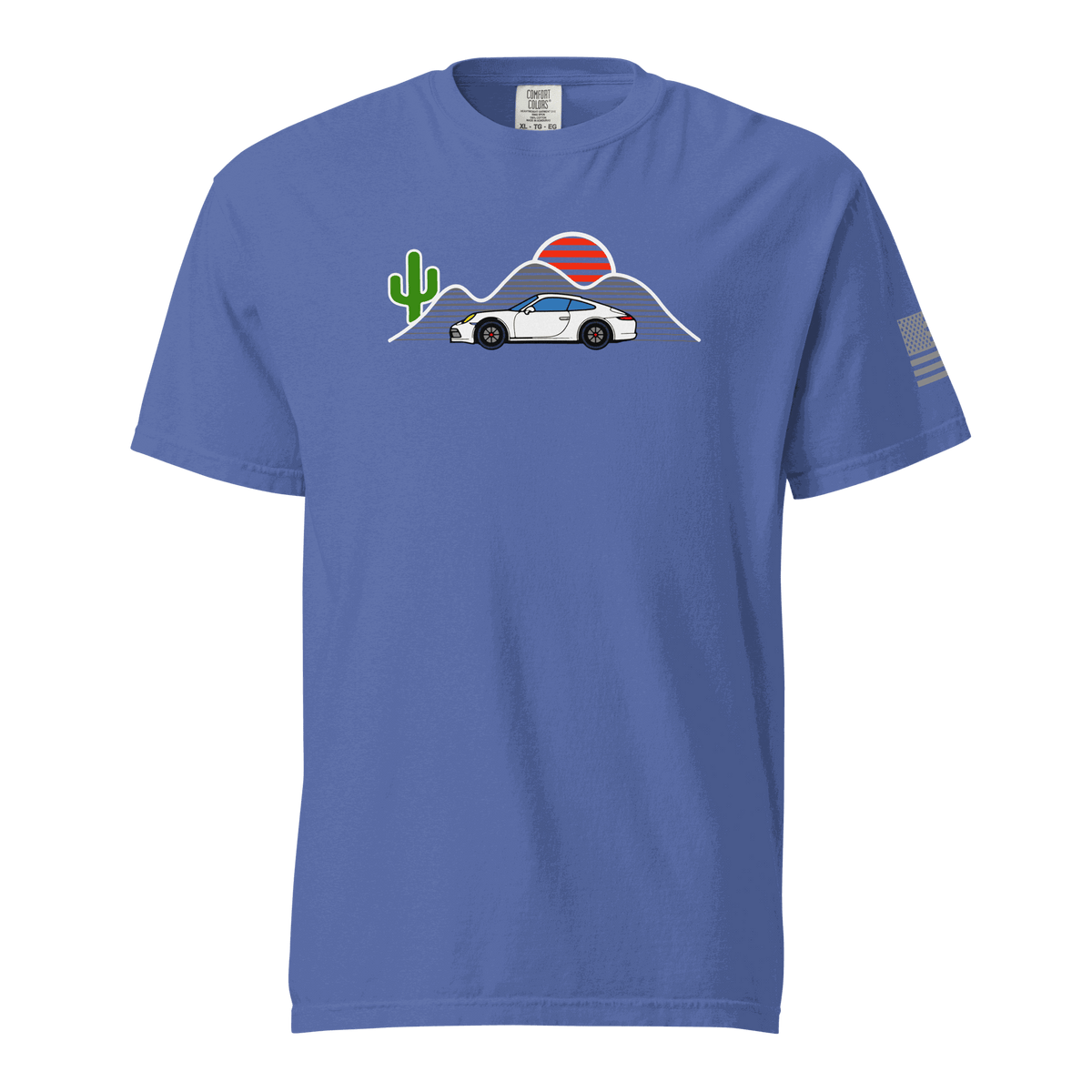 Sunset Sports Car T-Shirt featuring sports car silhouette with retro sunset gradient design
