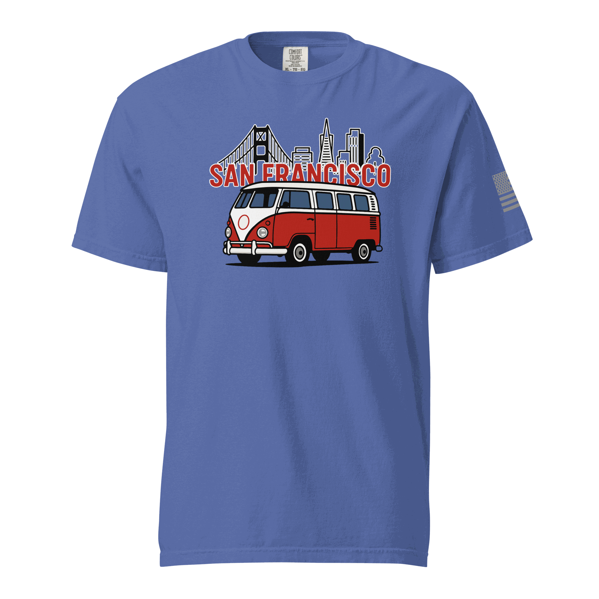 Blue Vintage San Francisco t-shirt with red and white classic van and city skyline design