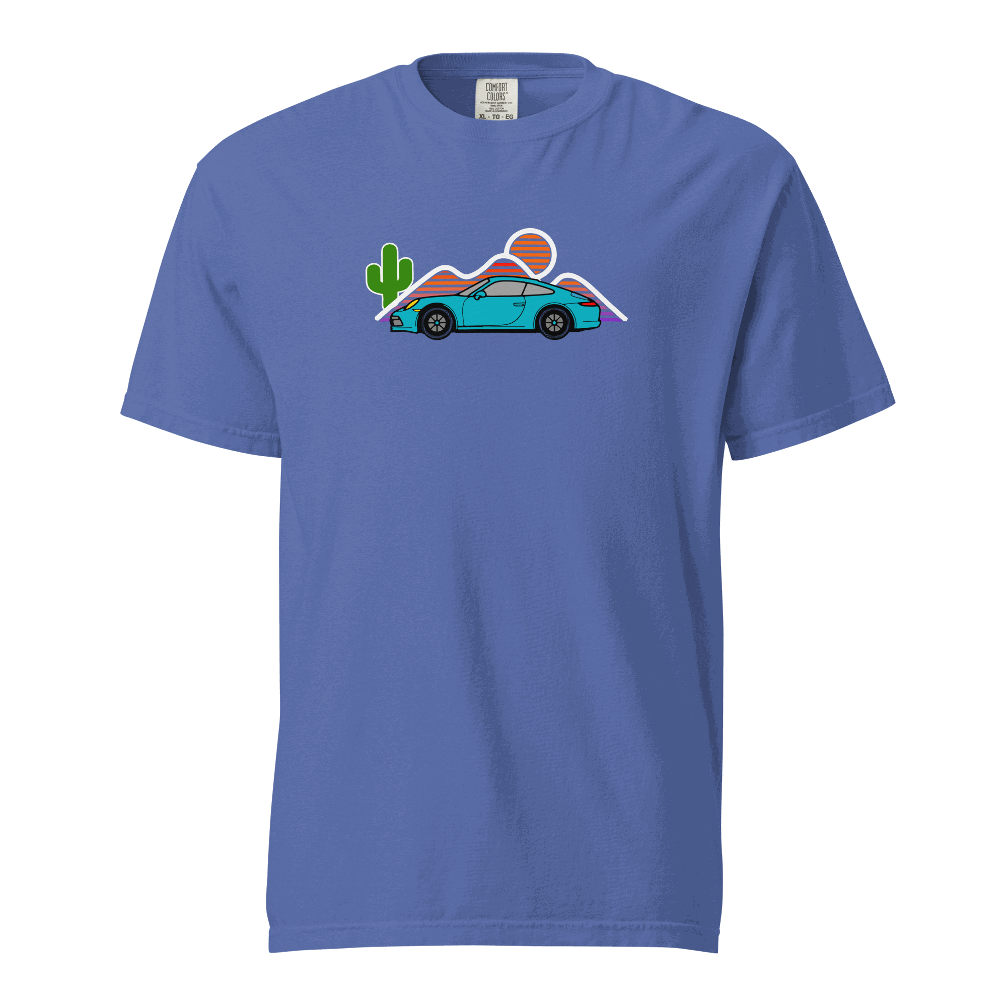 Blue sports car sunset t-shirt with cactus and mountain graphic