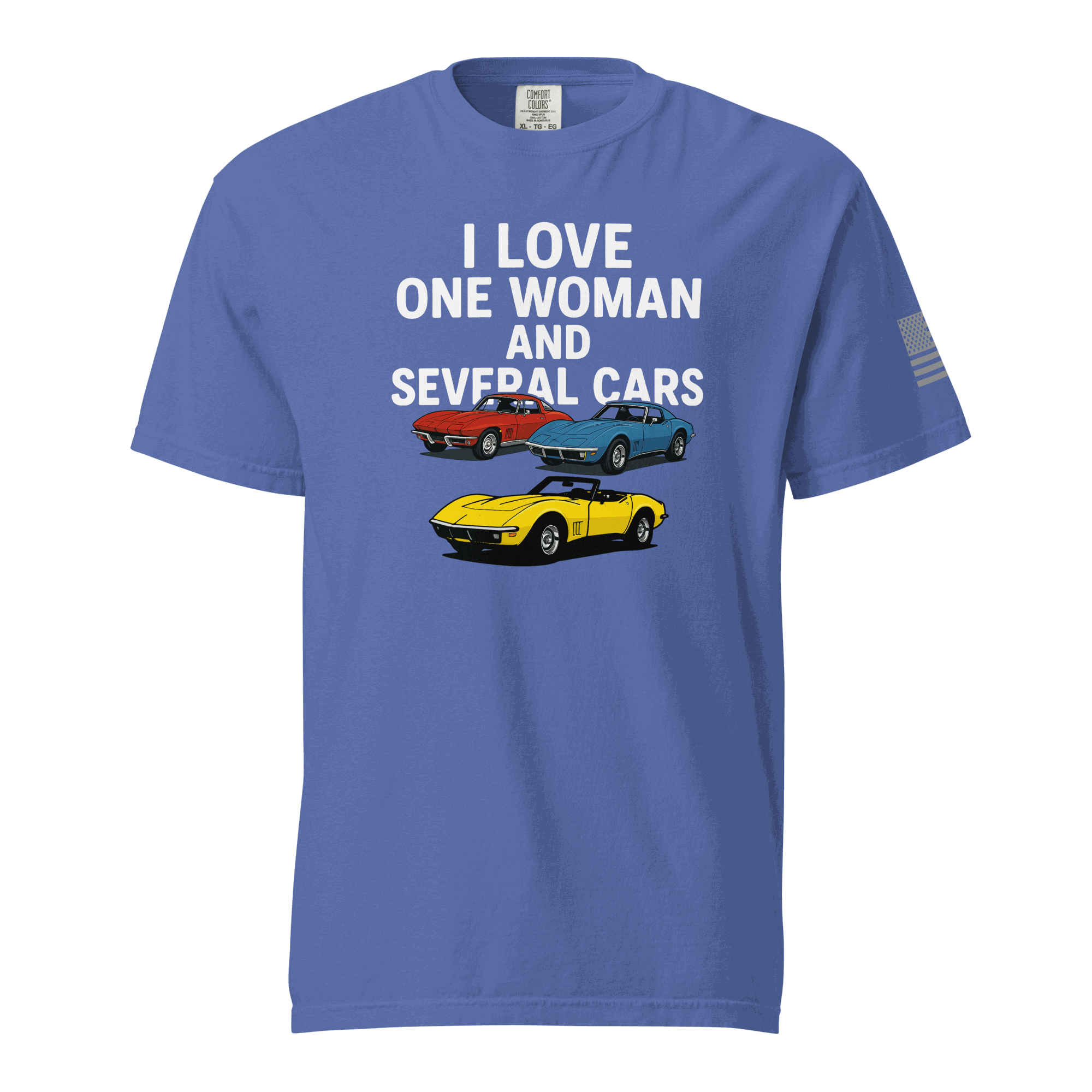 Funny t-shirt with "I love one woman and several cars" text and colorful car illustrations on blue cotton fabric
