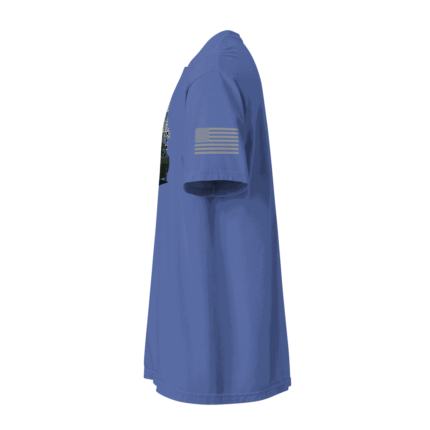 Nashville classic car t-shirt displayed in blue, featuring a side view and American flag detail on the sleeve.