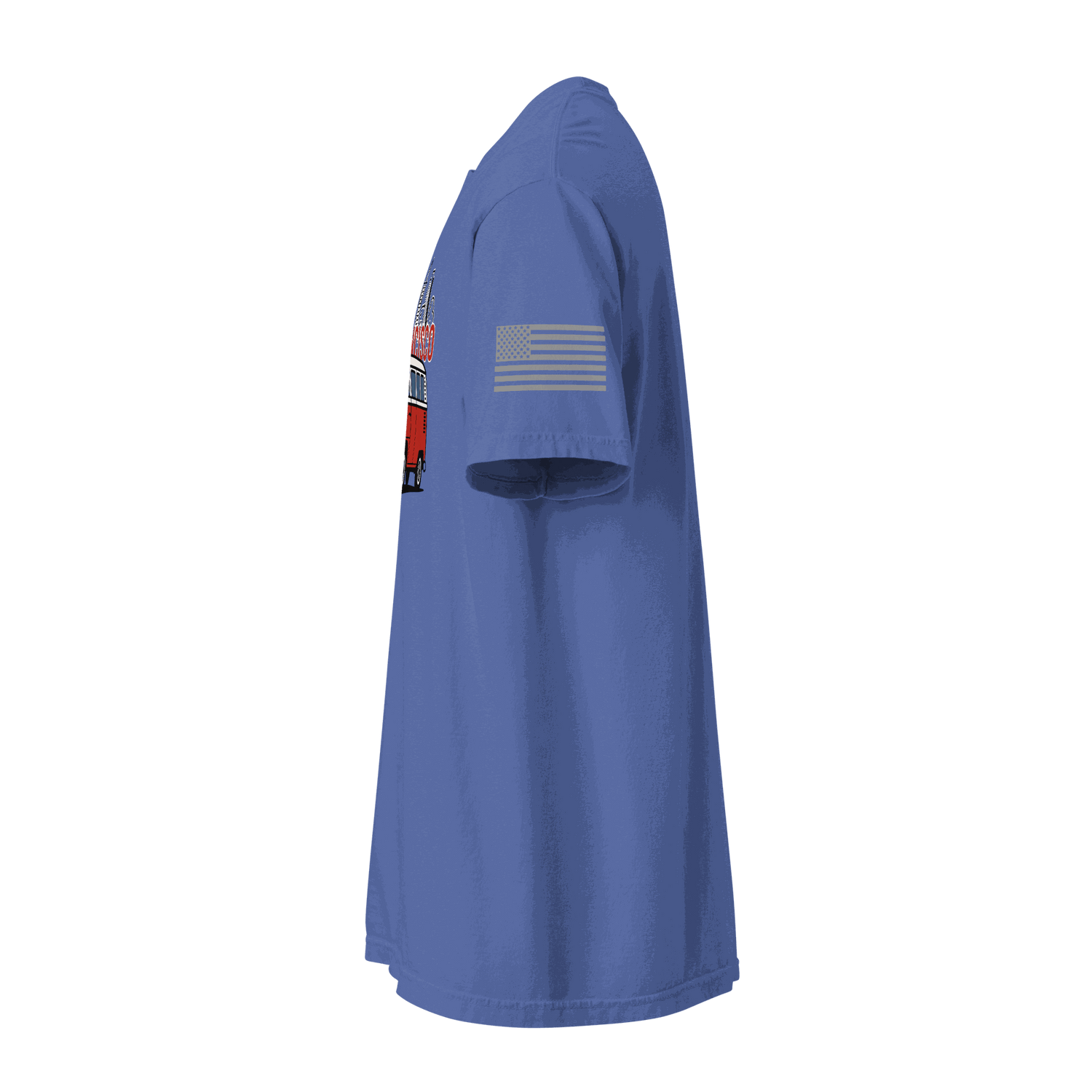 Side view of blue Vintage San Francisco Classic Cruiser T-shirt with American flag on sleeve