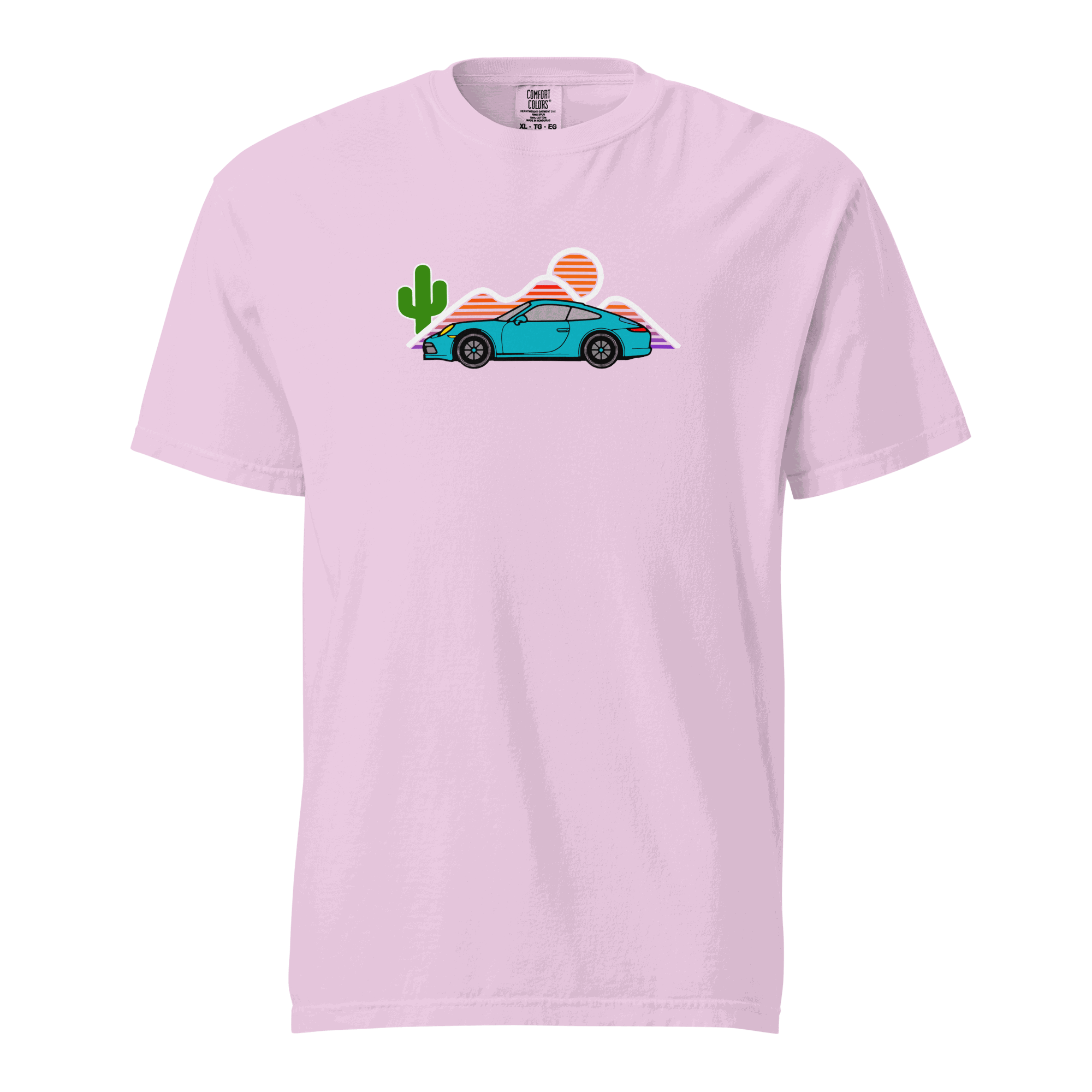 Sports car sunset graphic on t-shirt with sunset hues and vintage car design