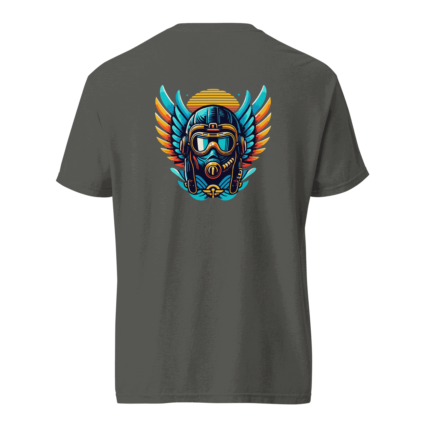 Unisex charcoal t-shirt with blue and orange flight helmet graphic on back, made of 100% ring-spun cotton, breathable and durable