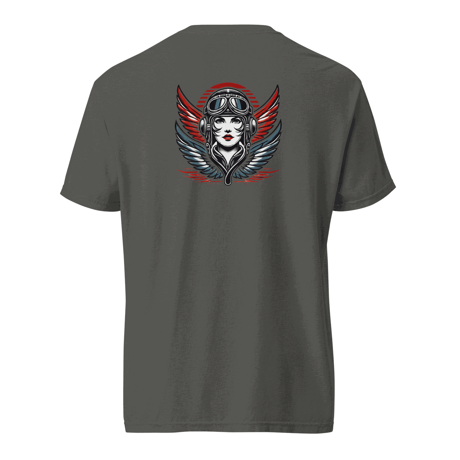 Dark gray t-shirt with a female wings helmet graphic on the back, made of 100% ring-spun cotton, featuring a relaxed fit and durable stitching.