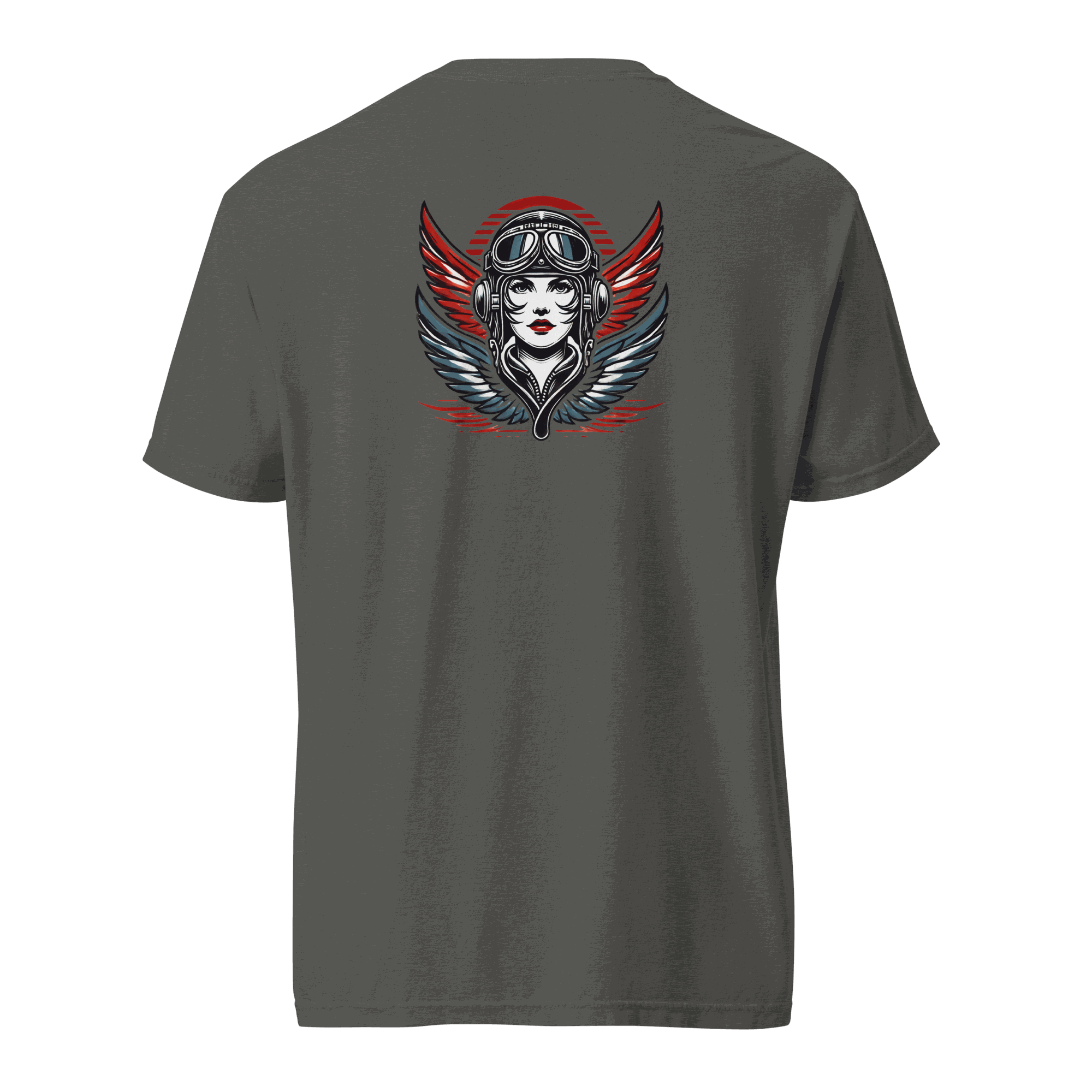Gray t-shirt with female wings helmet graphic on the back, made of 100% ring-spun cotton, breathable and durable design