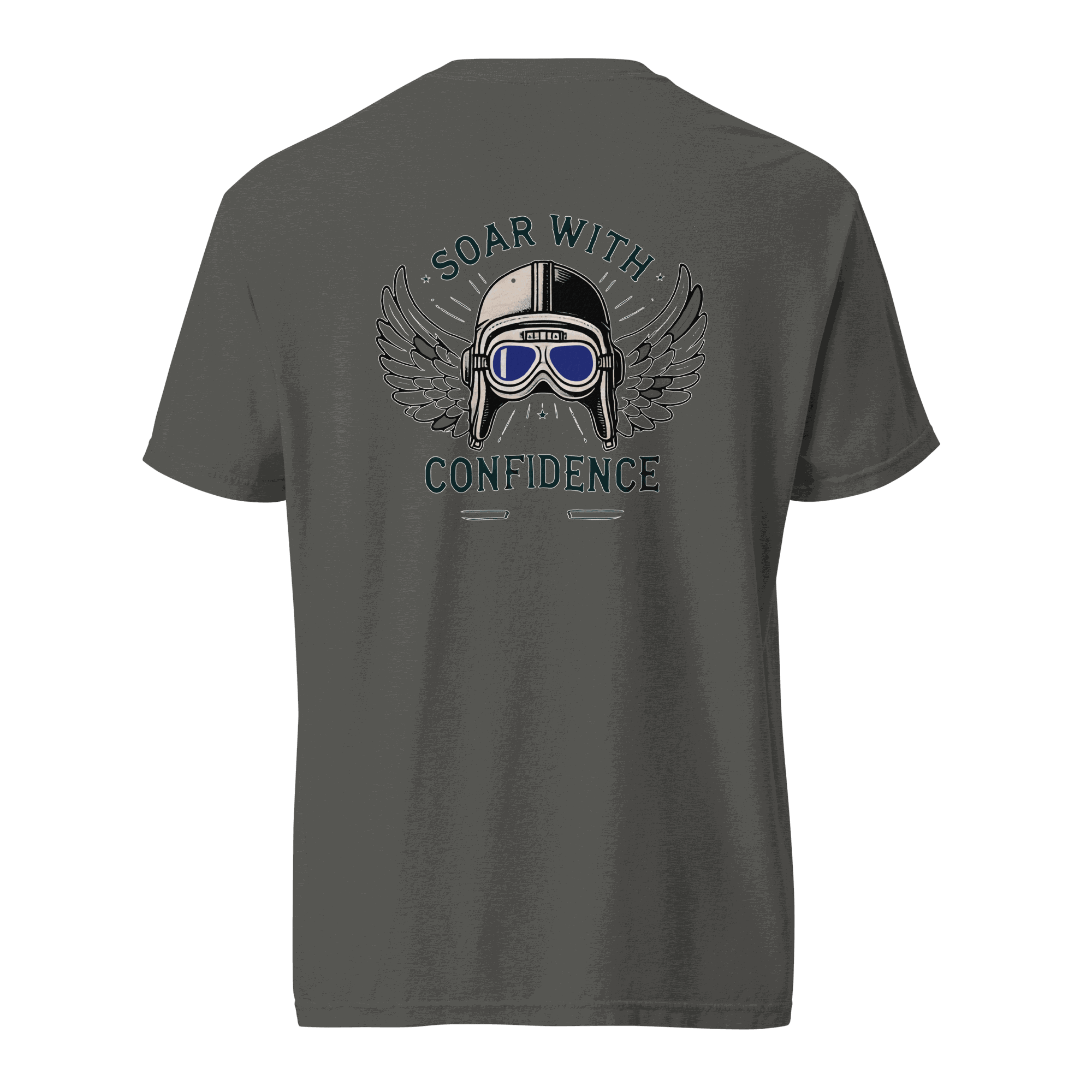 Flying machine t shirt with blue goggles graphic and "Soar with Confidence" text on back, made of 100% cotton.
