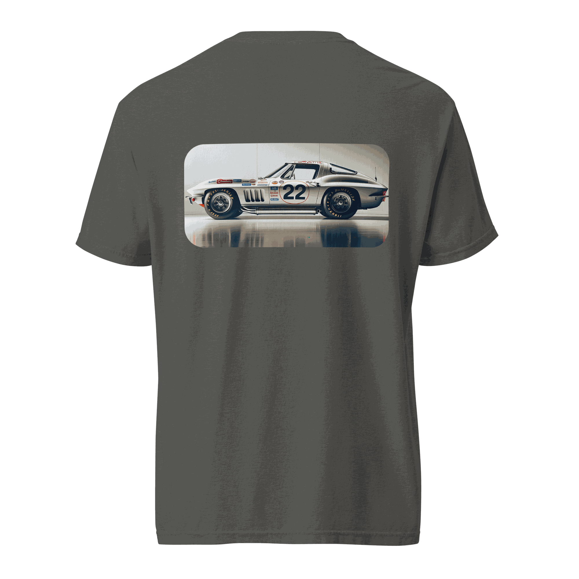 Heritage Classic Car t-shirt with vintage car graphic on back, charcoal gray, 100% cotton, unisex heavyweight tee
