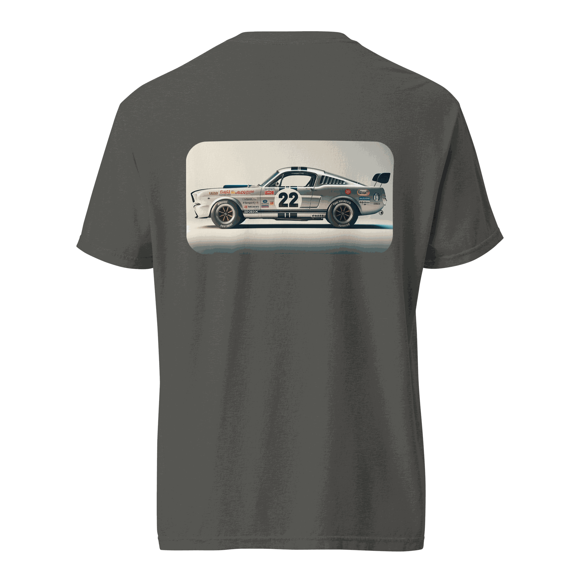 Heritage Mustang Back T-Shirt featuring classic race car print on breathable heavyweight cotton tee