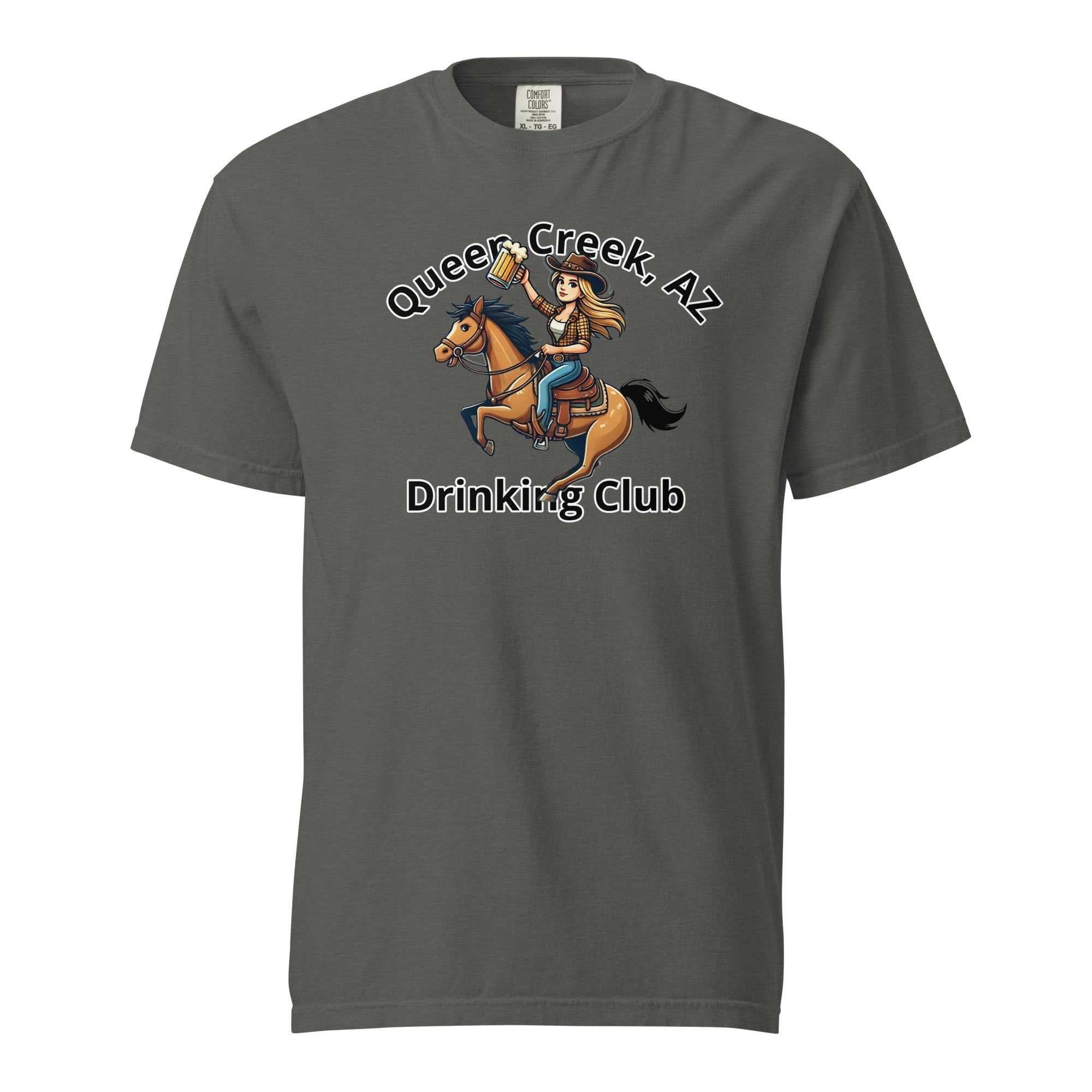 Queen Creek AZ Cowgirl Drinking Club unisex heavyweight cotton t-shirt with cowboy riding horse graphic