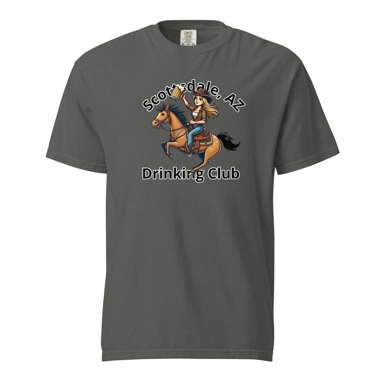 Scottsdale Cowgirl Horse Beer unisex heavyweight t-shirt with horse rider graphic and text Scottsdale, AZ Drinking Club