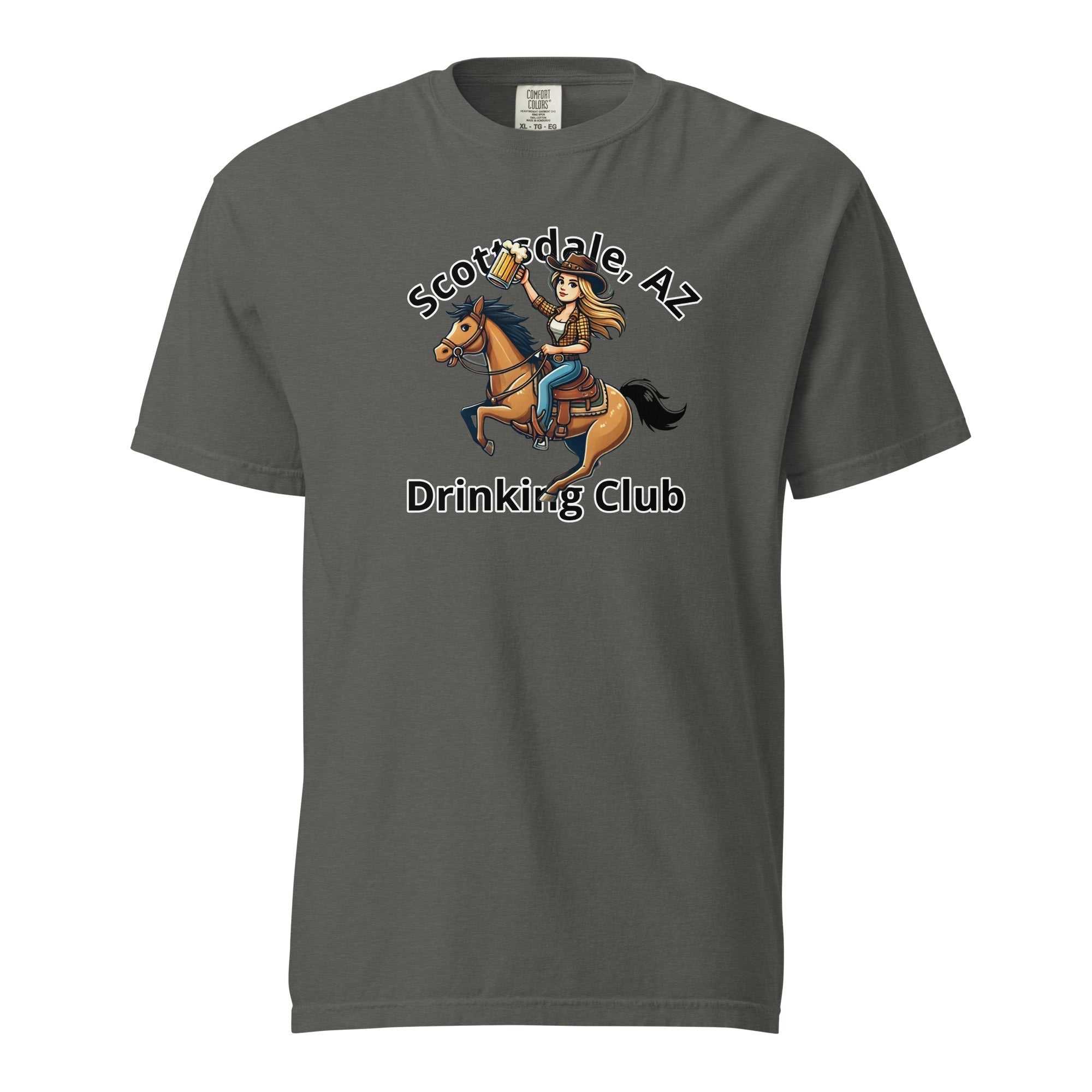 Scottsdale Cowgirl Horse Beer unisex heavyweight t-shirt with horse rider graphic and text Scottsdale, AZ Drinking Club
