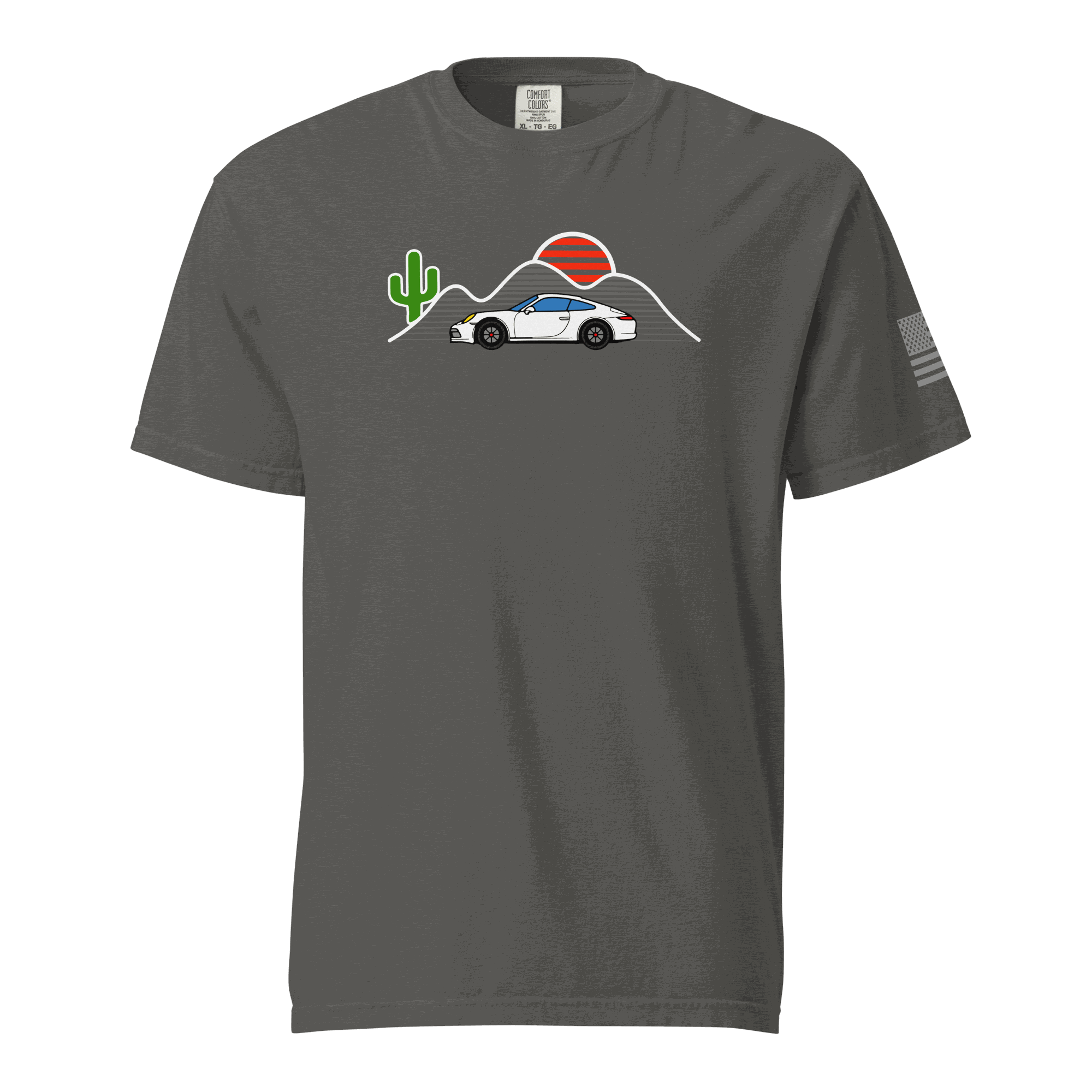 Gray Sunset Sports Car T-Shirt with sports car silhouette, desert cactus, and red sun graphic