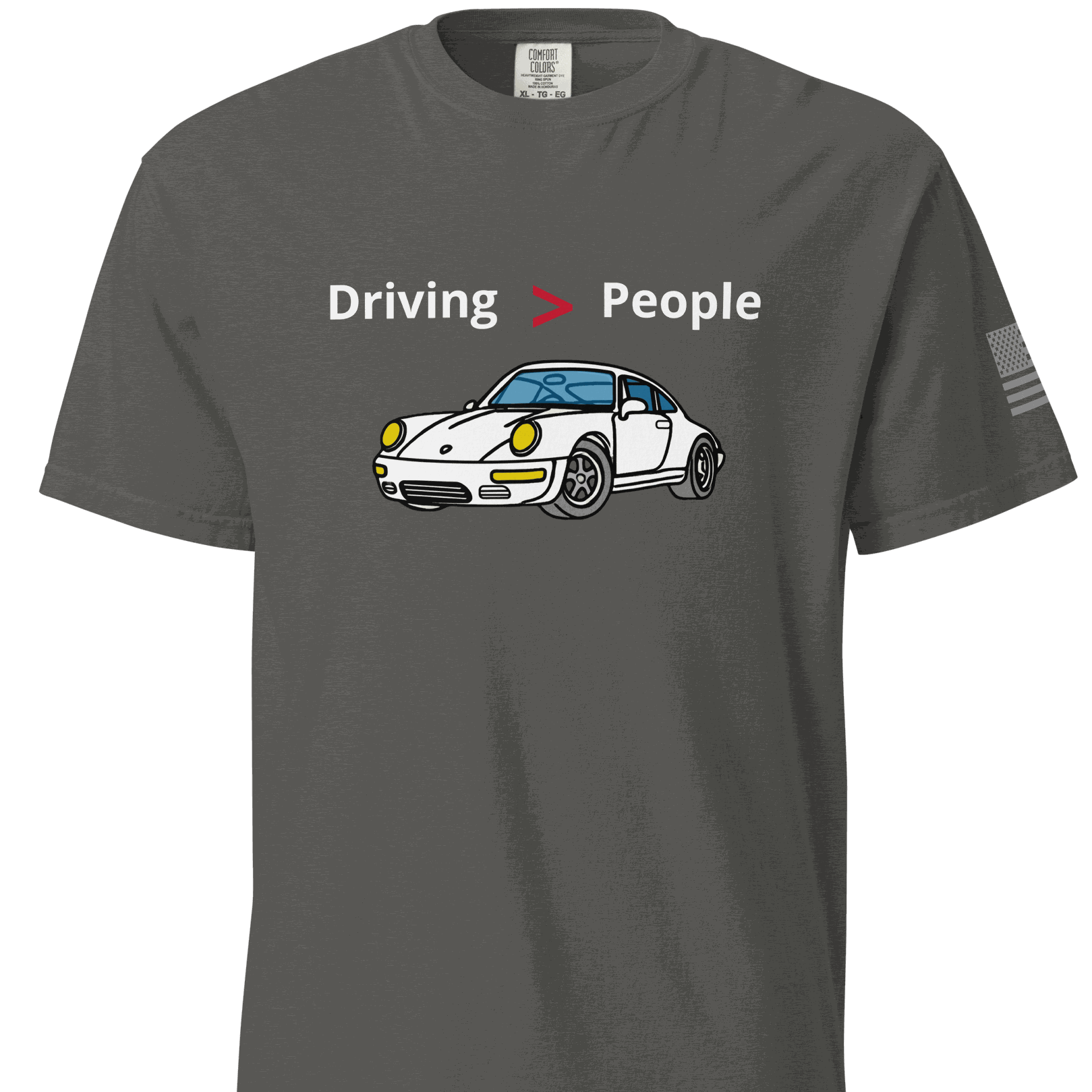 Gray Car T-shirt with "Driving > People" text and white sports car graphic, unisex fit, breathable cotton blend
