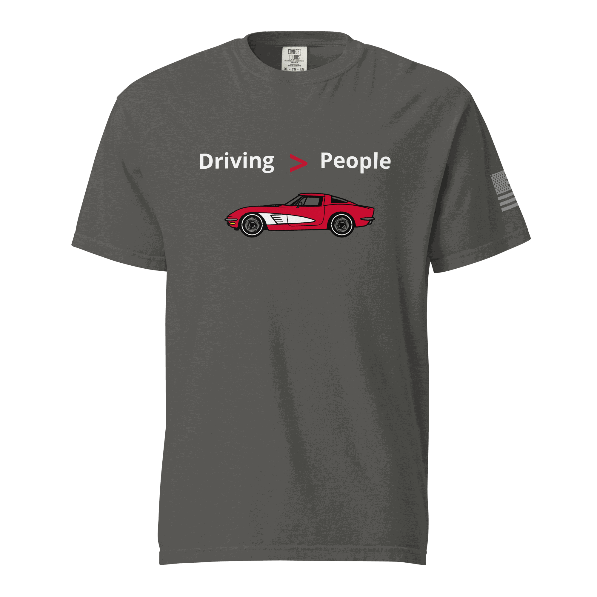 Funny car lover t-shirt with Driving Is Better Than People text and red sports car graphic on gray cotton fabric