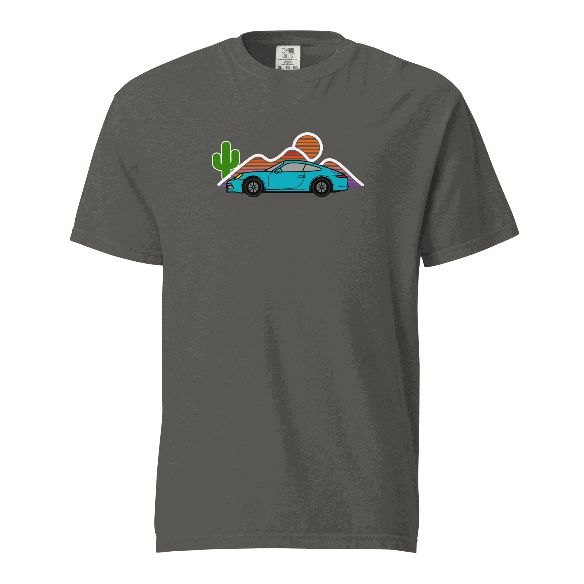 Gray t-shirt with sports car and sunset graphic featuring mountains and cactus design