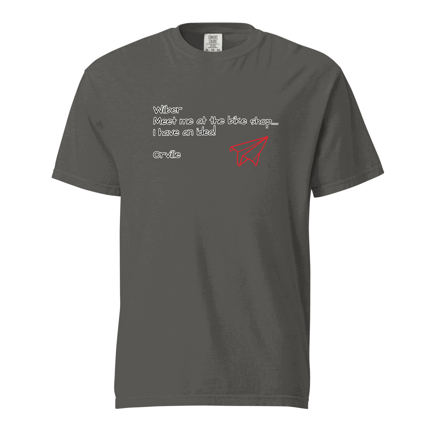 Bike Shop Wilbur unisex gray heavyweight cotton t-shirt with text and red paper airplane graphic