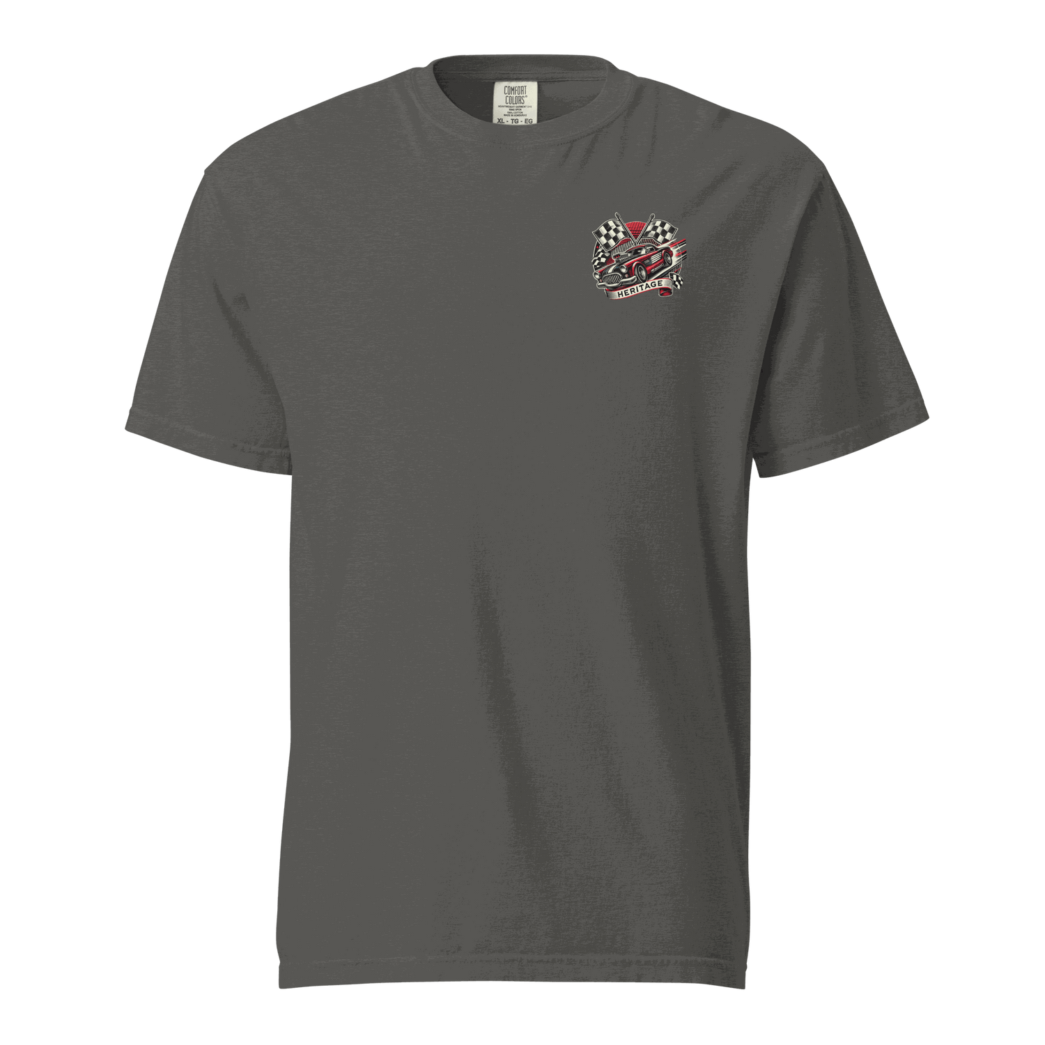 Heritage Mustang Back charcoal gray heavyweight unisex t-shirt with small chest graphic, 100% ring-spun cotton, relaxed fit
