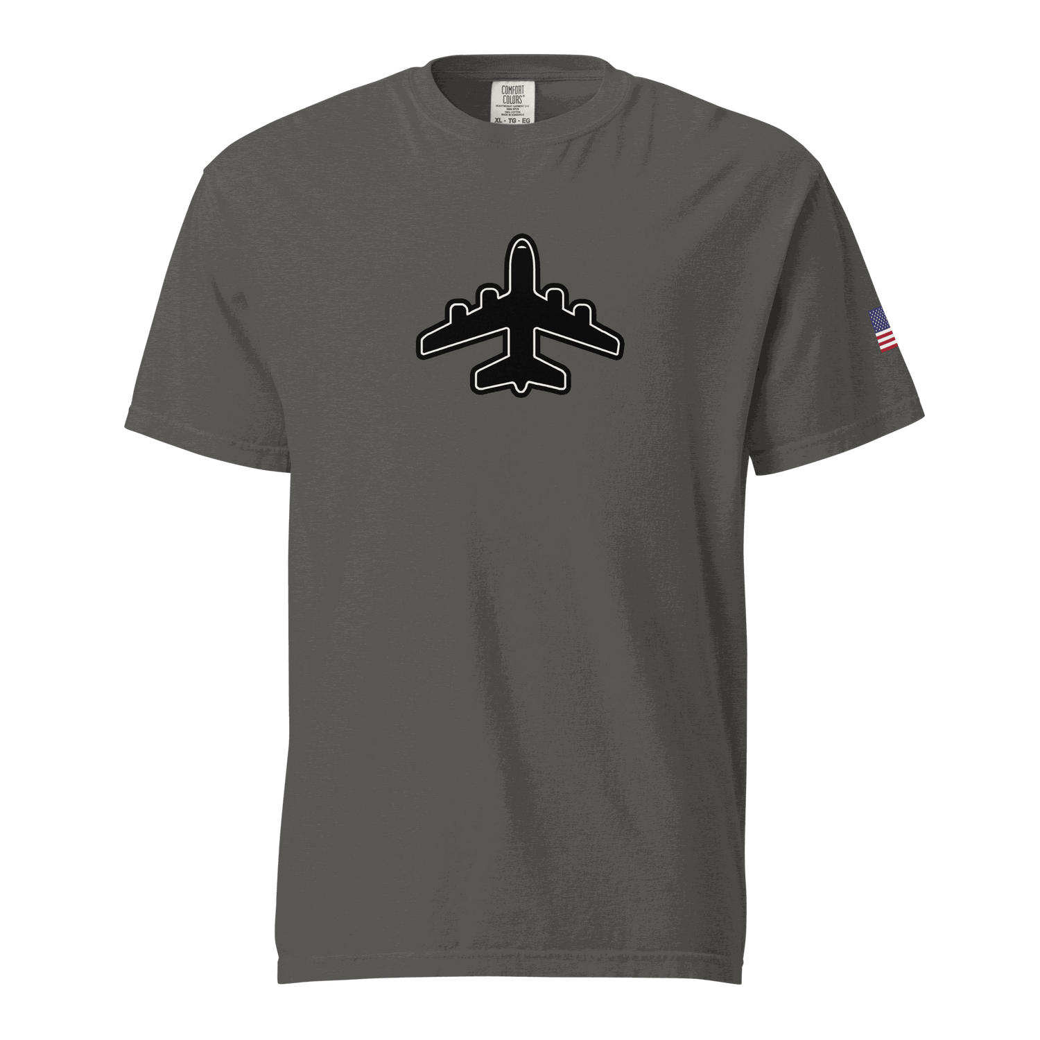 Jumbo Jet Unisex garment-dyed heavyweight t-shirt in charcoal with airplane graphic and American flag patch on sleeve