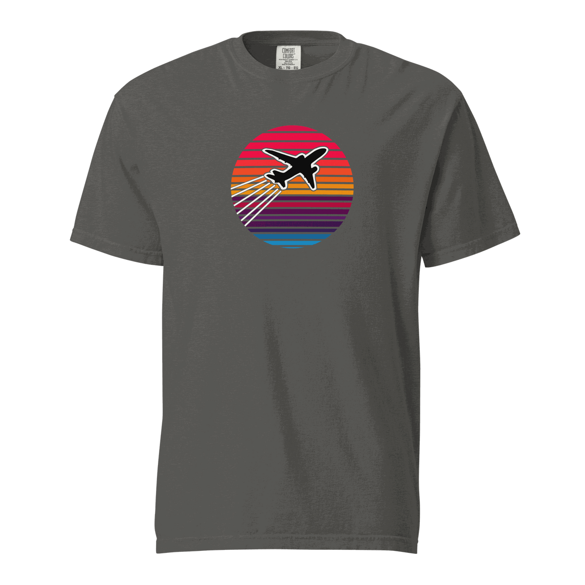 Sunset Flight unisex heavyweight t-shirt with airplane graphic and colorful sunset stripes on gray background