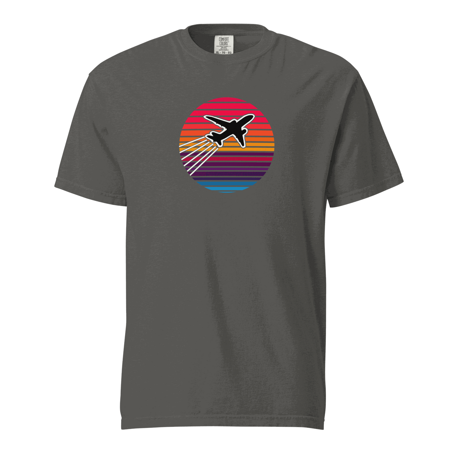 Sunset Flight unisex heavyweight t-shirt with airplane graphic and colorful sunset stripes on gray background