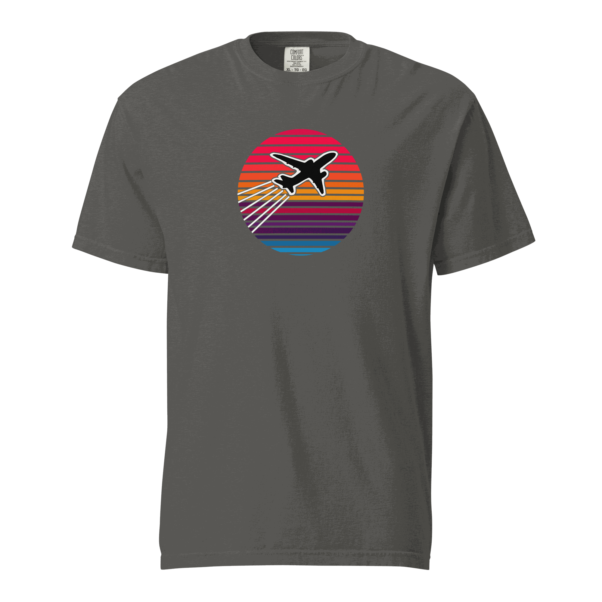 Sunset Flight unisex heavyweight t-shirt with airplane graphic and colorful sunset stripes on gray background