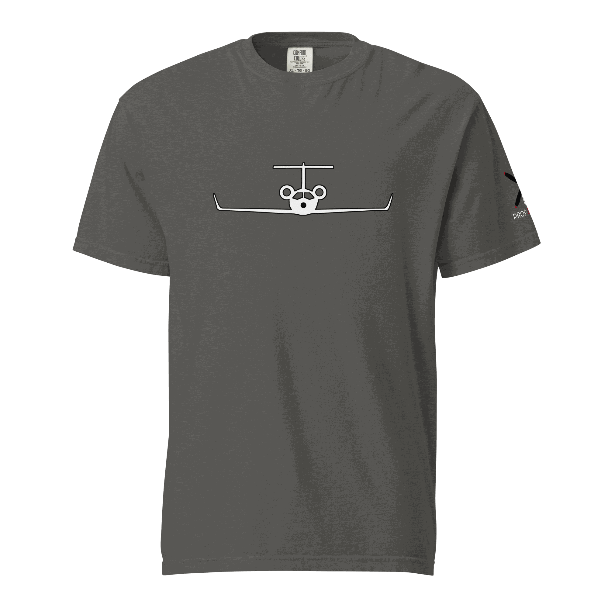Unisex heavyweight gray t-shirt with white private jet graphic, 100% ring-spun cotton, relaxed fit