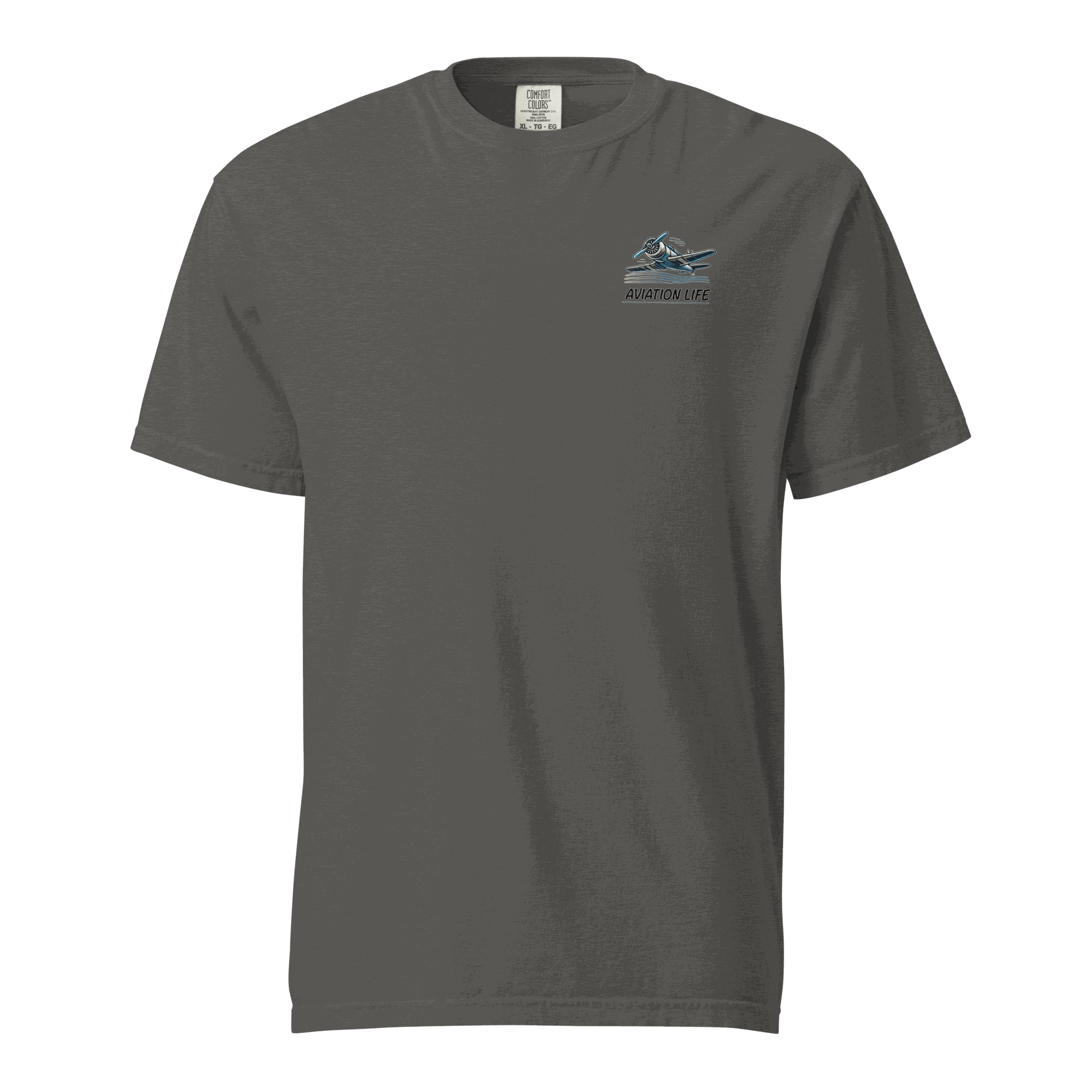 unisex charcoal t-shirt with aviation life logo made of 100% ring-spun cotton