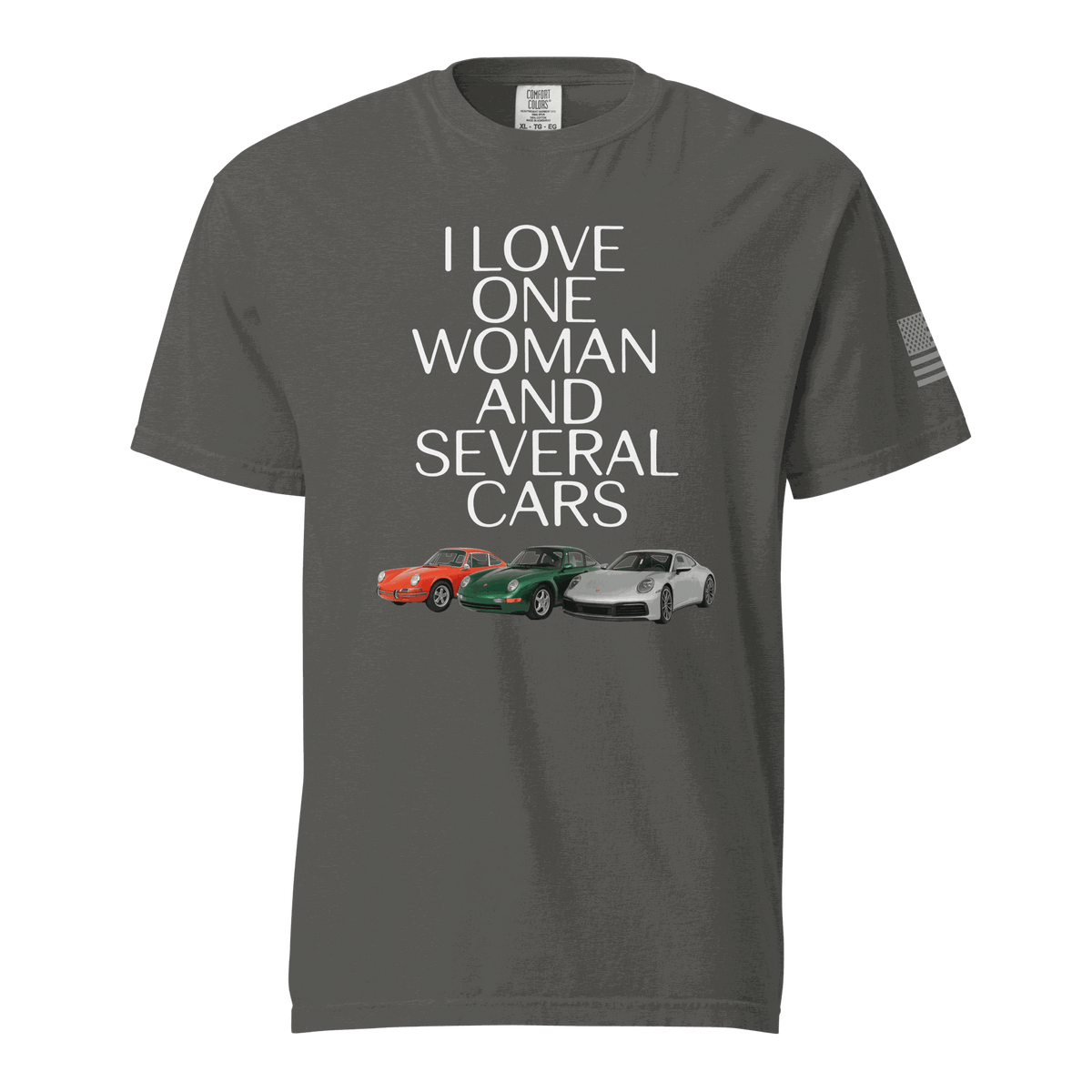 Gray "Love One Woman and Several Cars" T-shirt with three sports car illustrations, made of 100% ring-spun cotton, unisex heavyweight fabric.