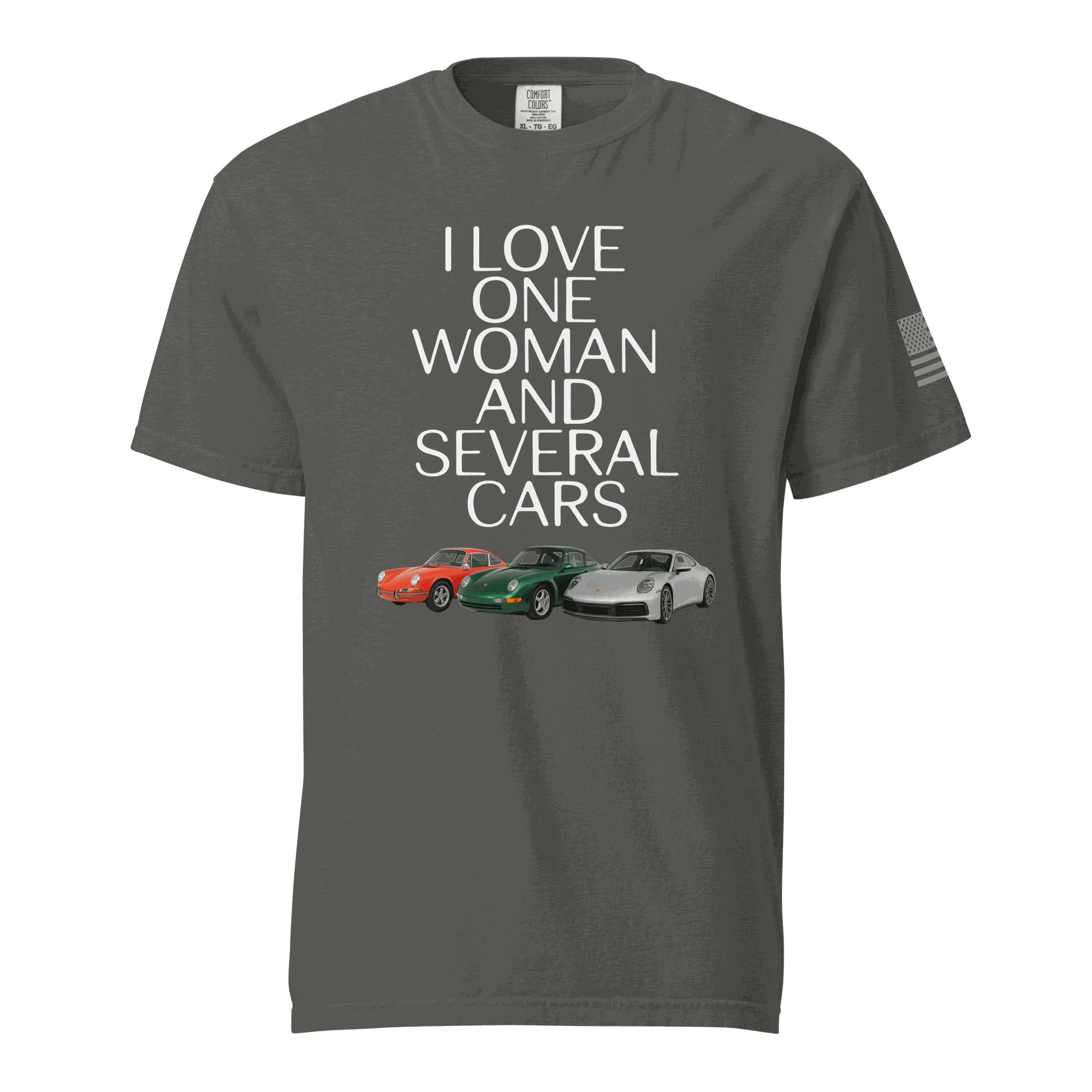 Gray "Love One Woman and Several Cars" T-shirt with three sports car illustrations, made of 100% ring-spun cotton, unisex heavyweight fabric.