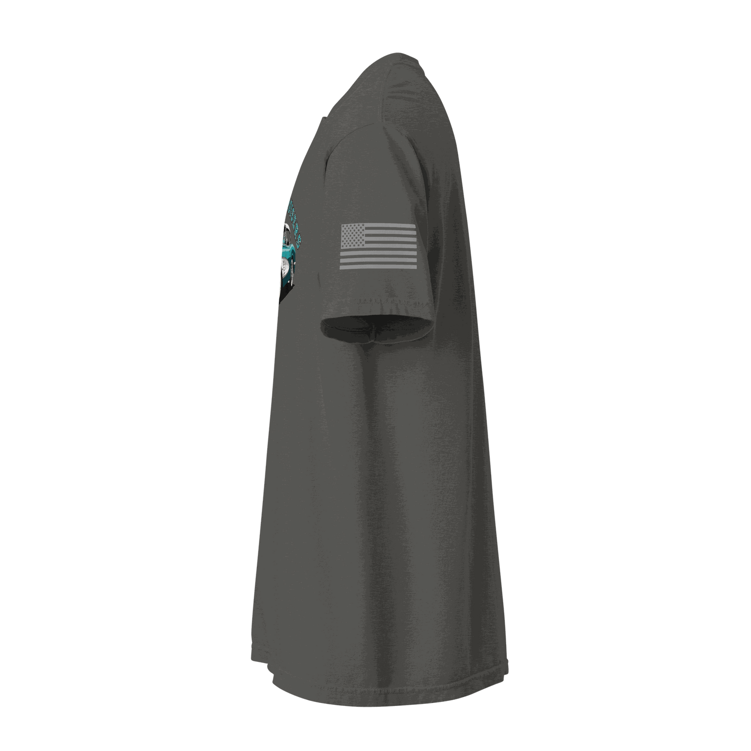 Side view of Classic T-Shirt in dark color with American flag on sleeve made of soft cotton