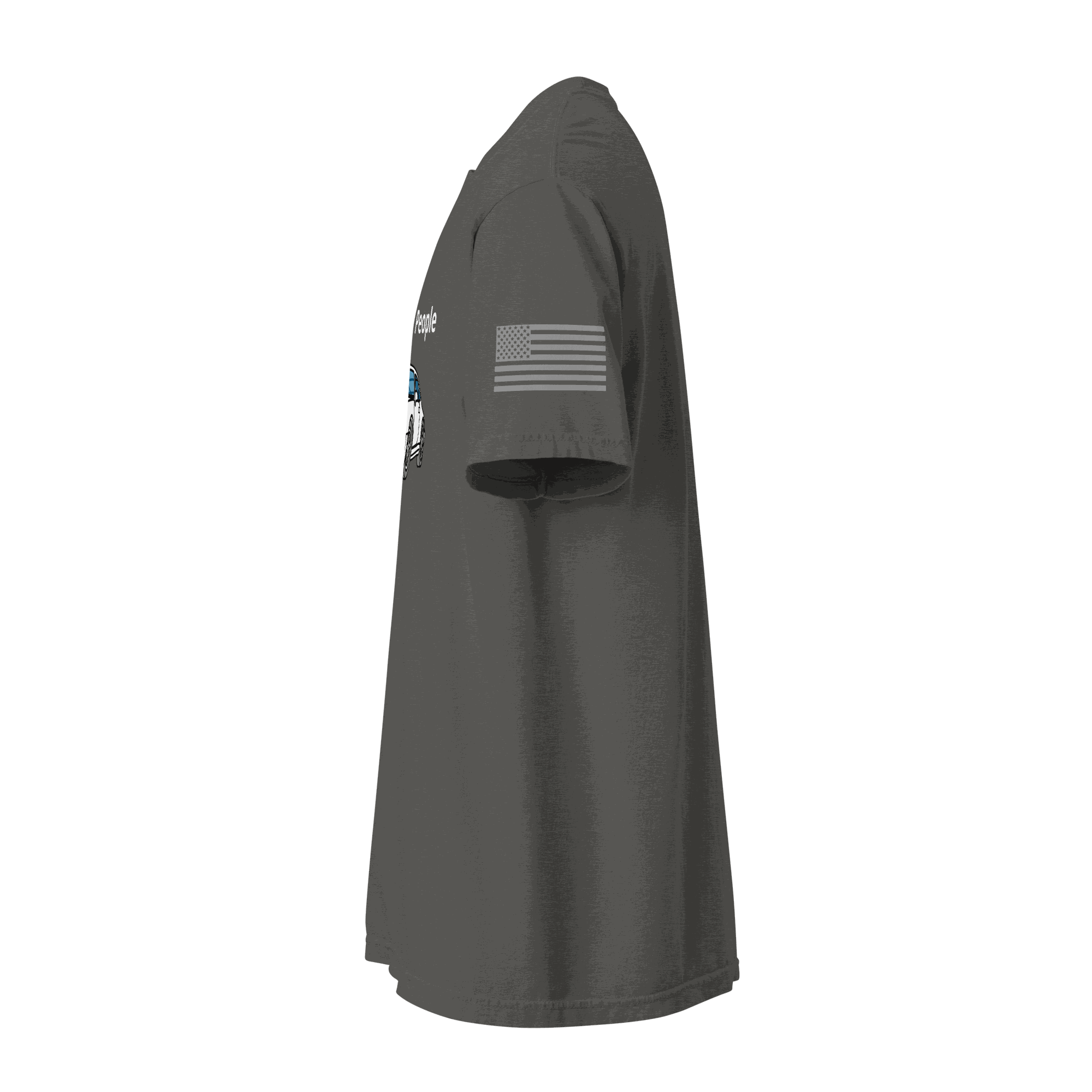 Side view of dark gray Car T-shirt with American flag on sleeve and bold graphic print on chest