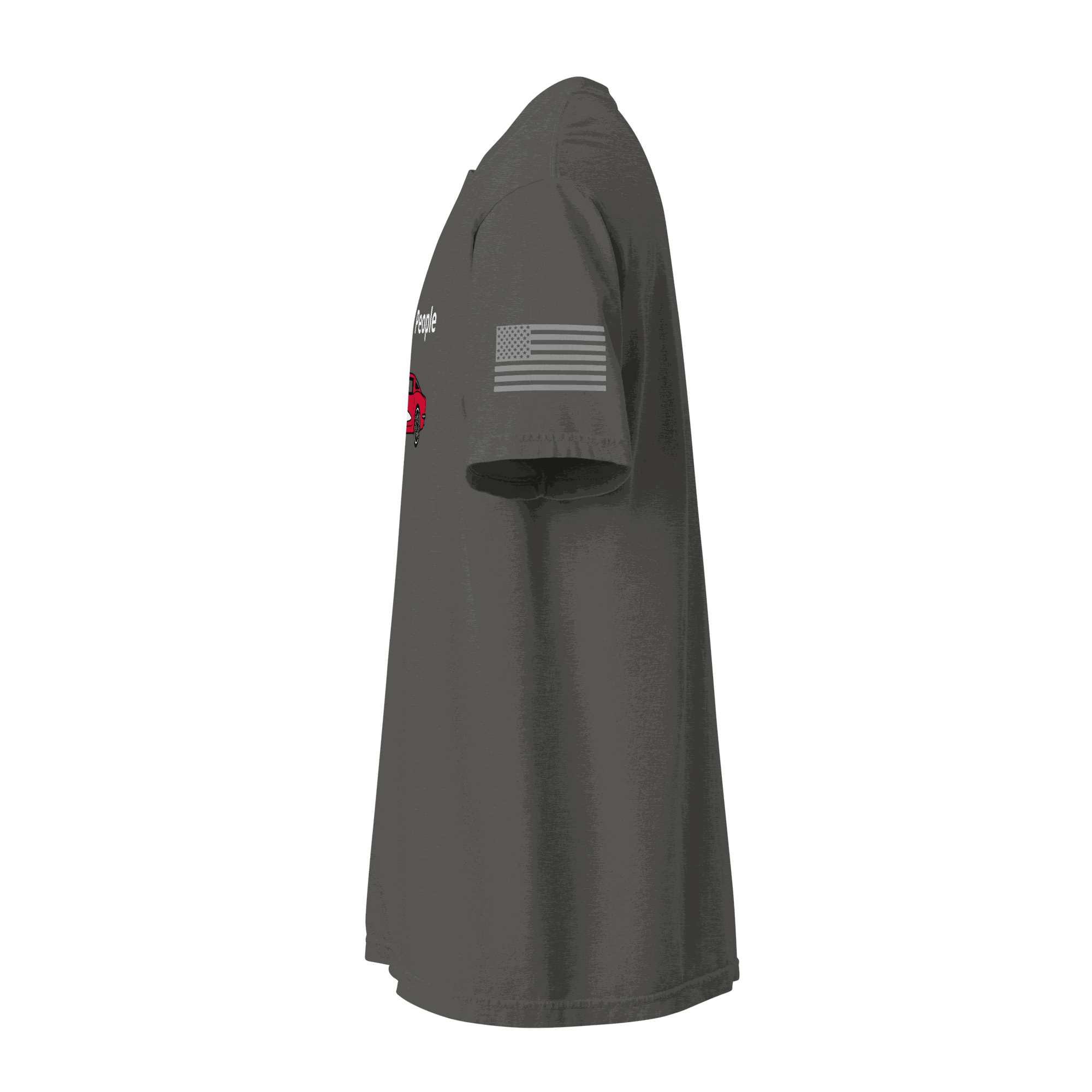 Side view of funny car lover t-shirt with American flag on sleeve and driving-themed design