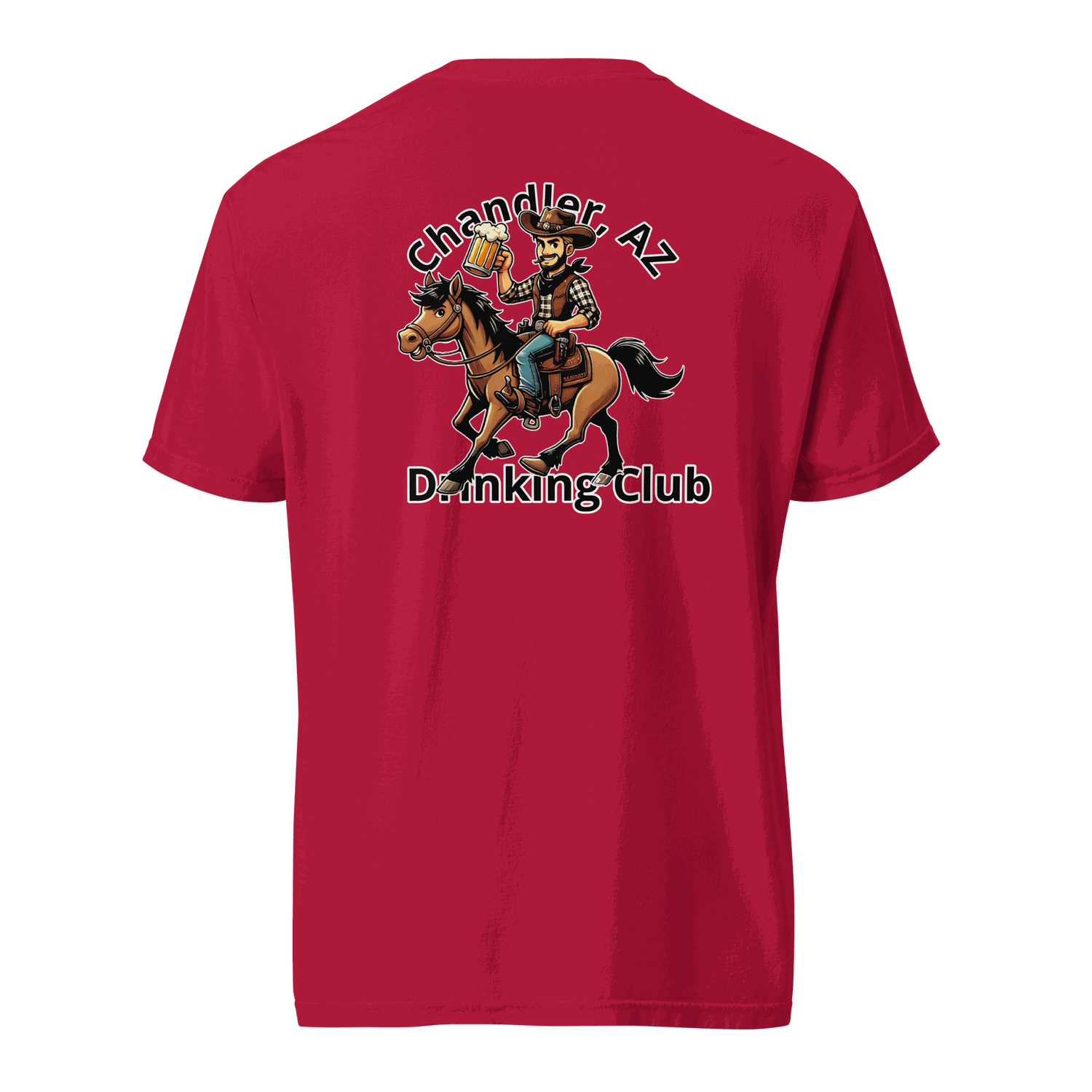 Red heavyweight unisex t-shirt with Custom City Cowboy Horse Beer graphic of cowboy on horse holding beer mug and text Chandler AZ Drinking Club.