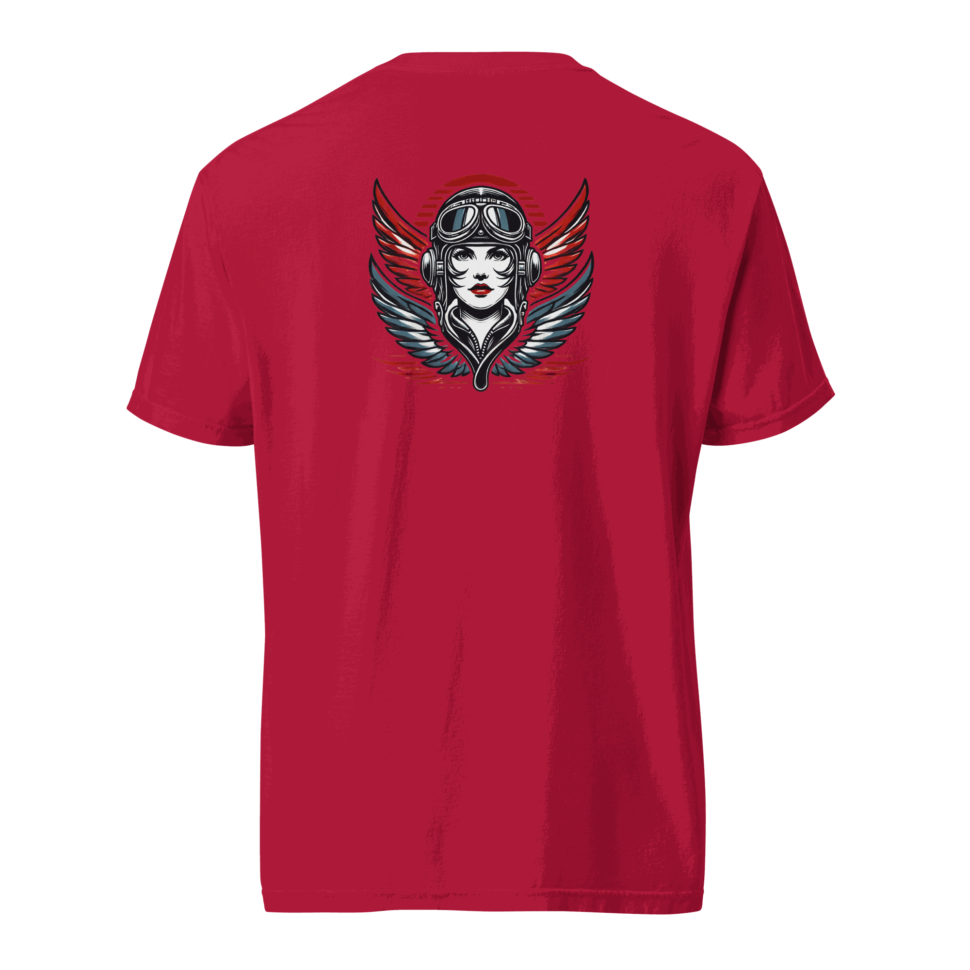 Red unisex heavyweight t-shirt with female wings helmet graphic on back, 100% ring-spun cotton, breathable and durable
