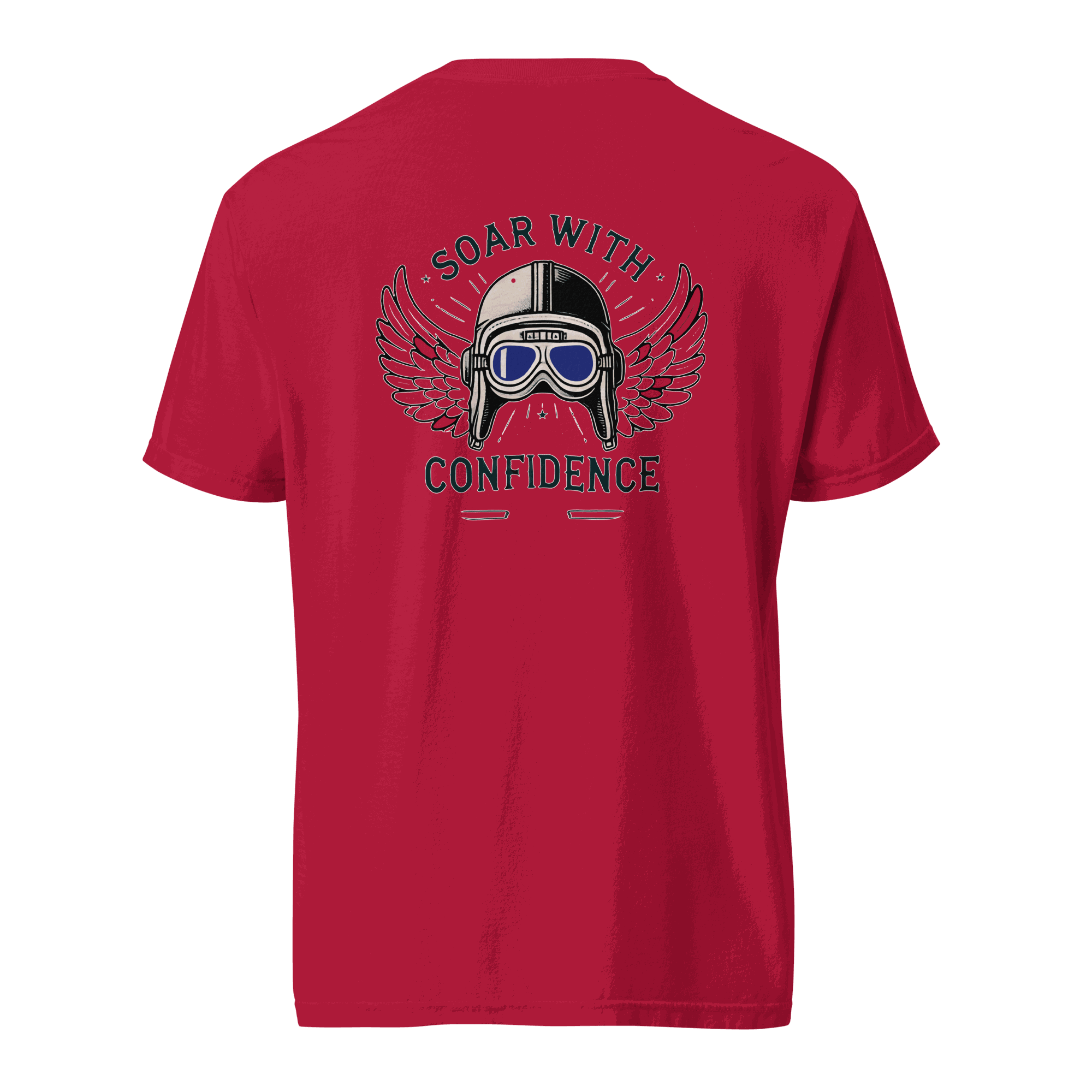 Red Flying Machine t shirt with aviation helmet and blue goggles graphic and "Soar with Confidence" text on back