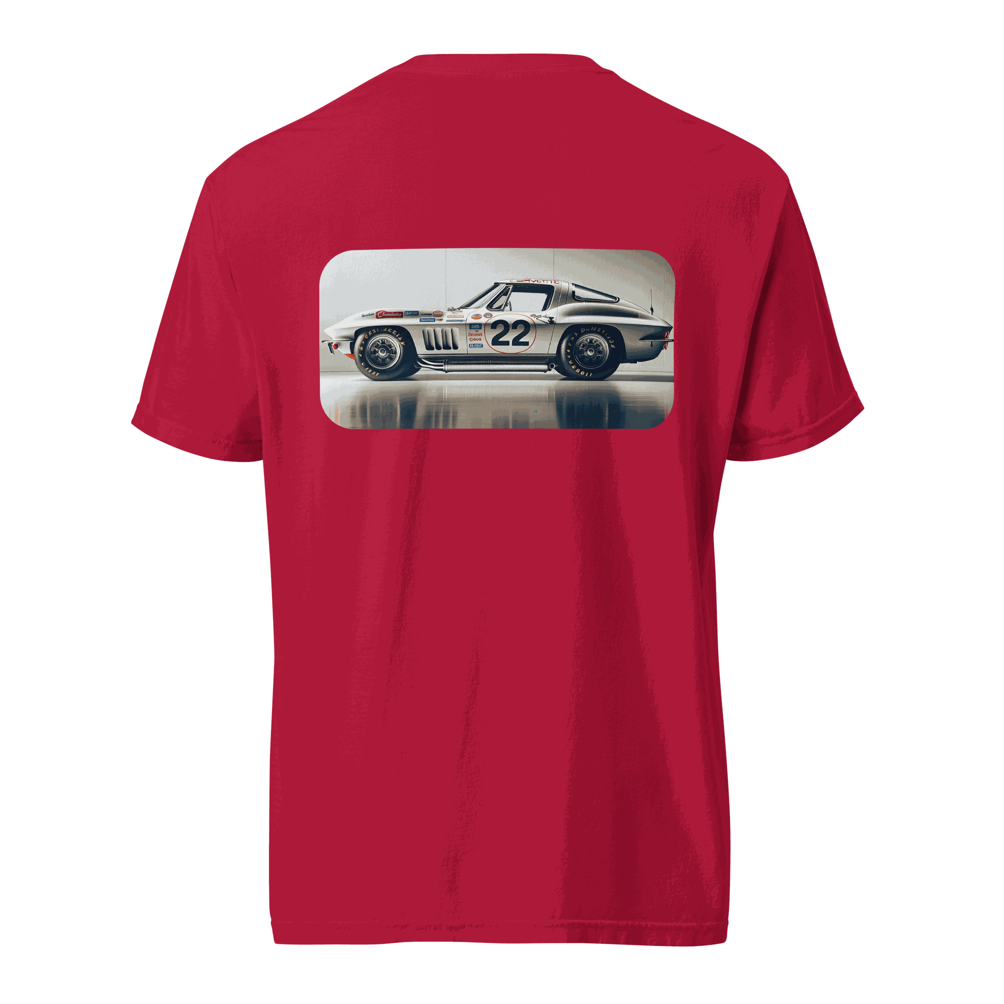 Red Heritage Classic Car t-shirt featuring vintage car graphic on back, 100% ring-spun cotton, relaxed fit, durable stitching.
