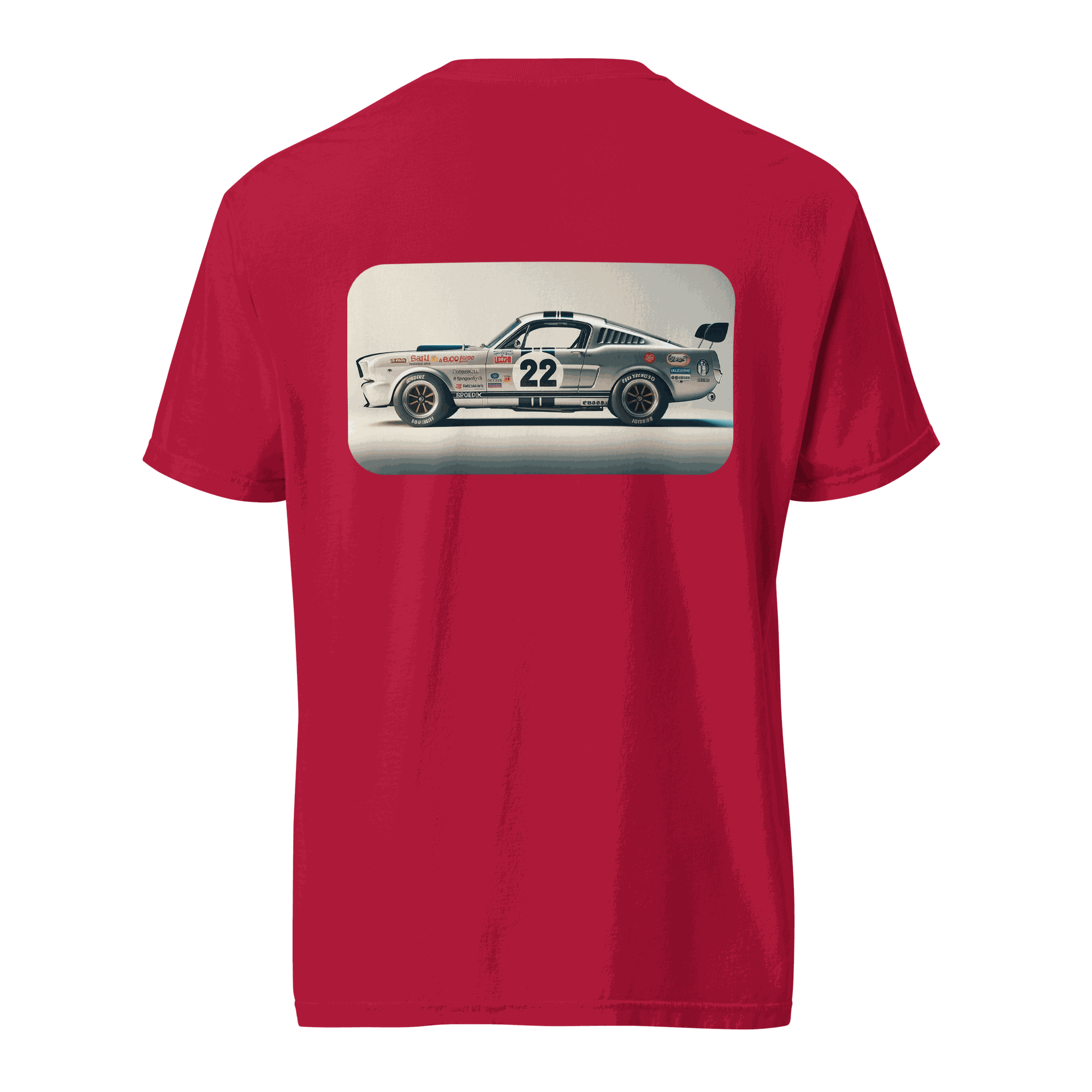 Red Heritage Mustang Back T-shirt with vintage Mustang car graphic on the back, made of 100% ring-spun cotton, heavyweight, unisex fit